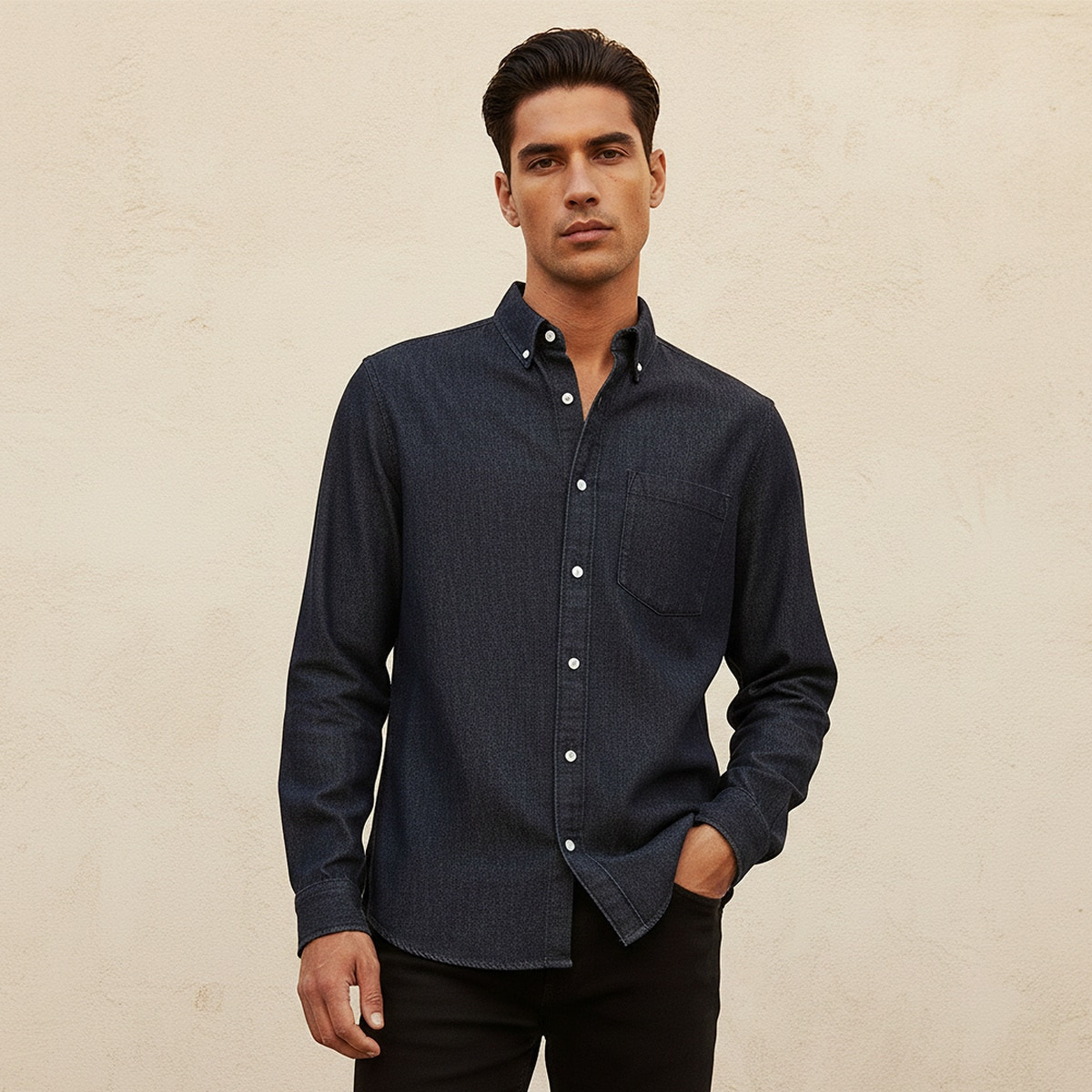 قميص بقصة عادية وياقة عادية وأكمام طويلة وأزرار من سبلاش دينم-men-clothing-shirts-image-1