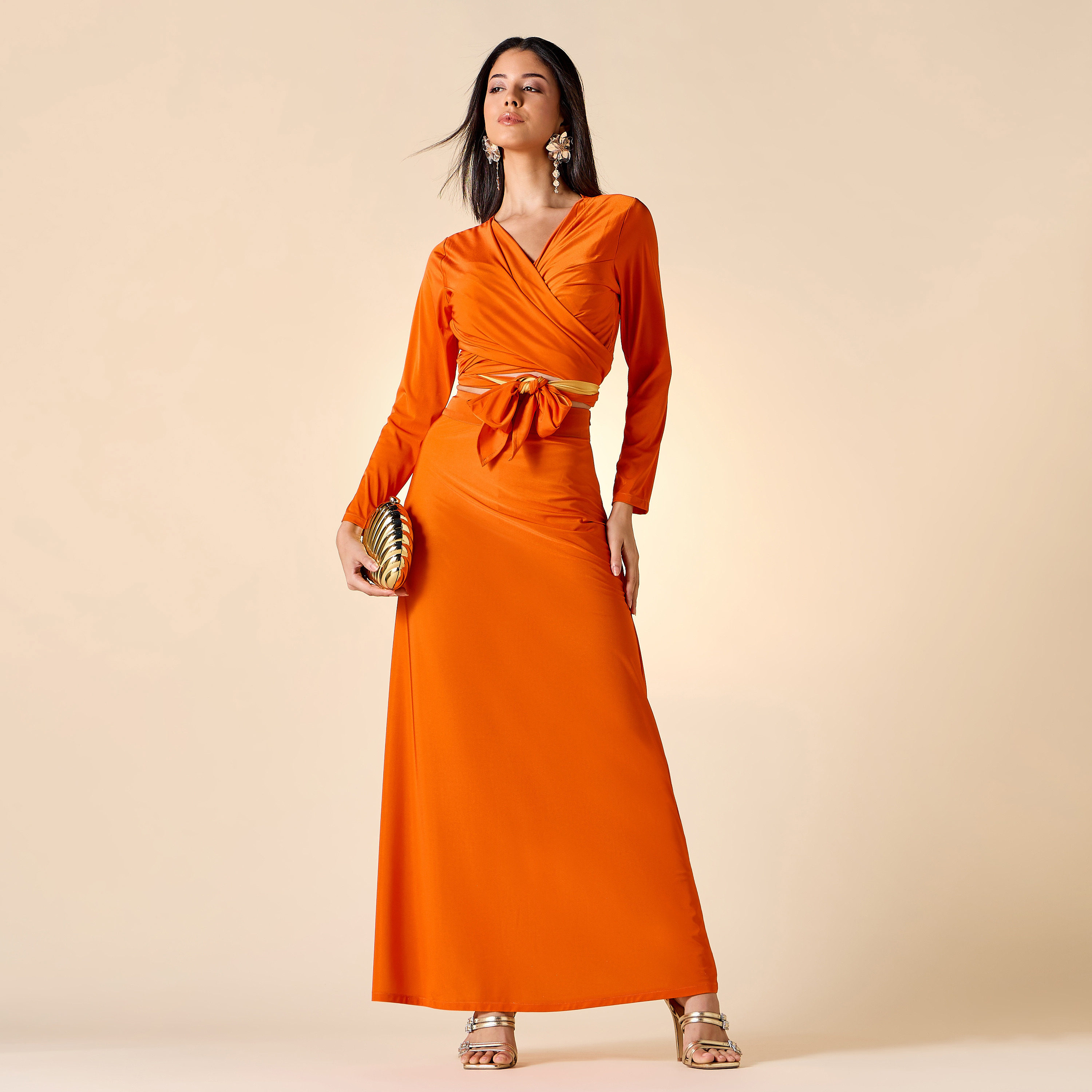 Golden Apple Wrap Long Sleeve Crop Top and Skirt Set-women-clothing-coordsets-image-1