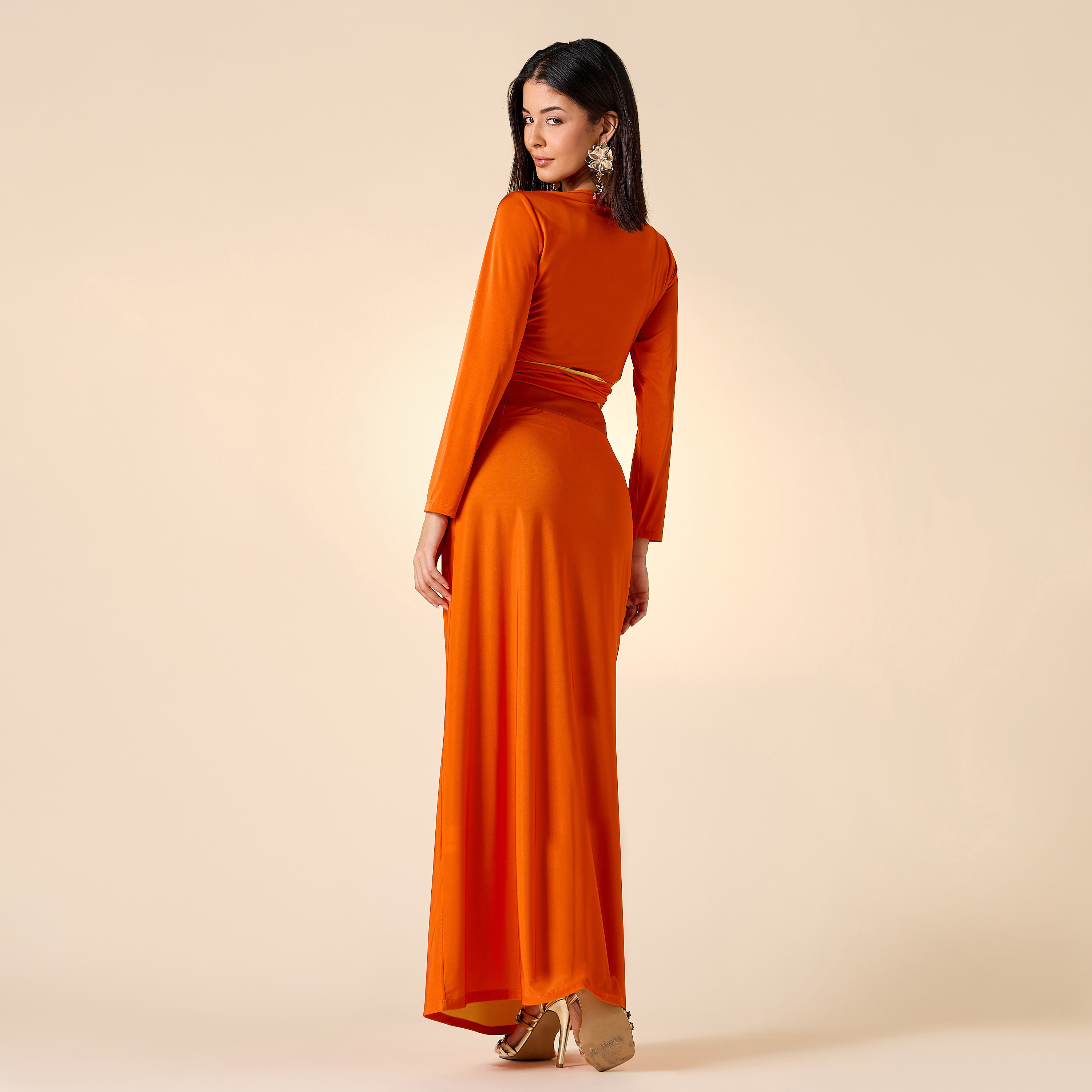 Golden Apple Wrap Long Sleeve Crop Top and Skirt Set-women-clothing-coordsets-image-4