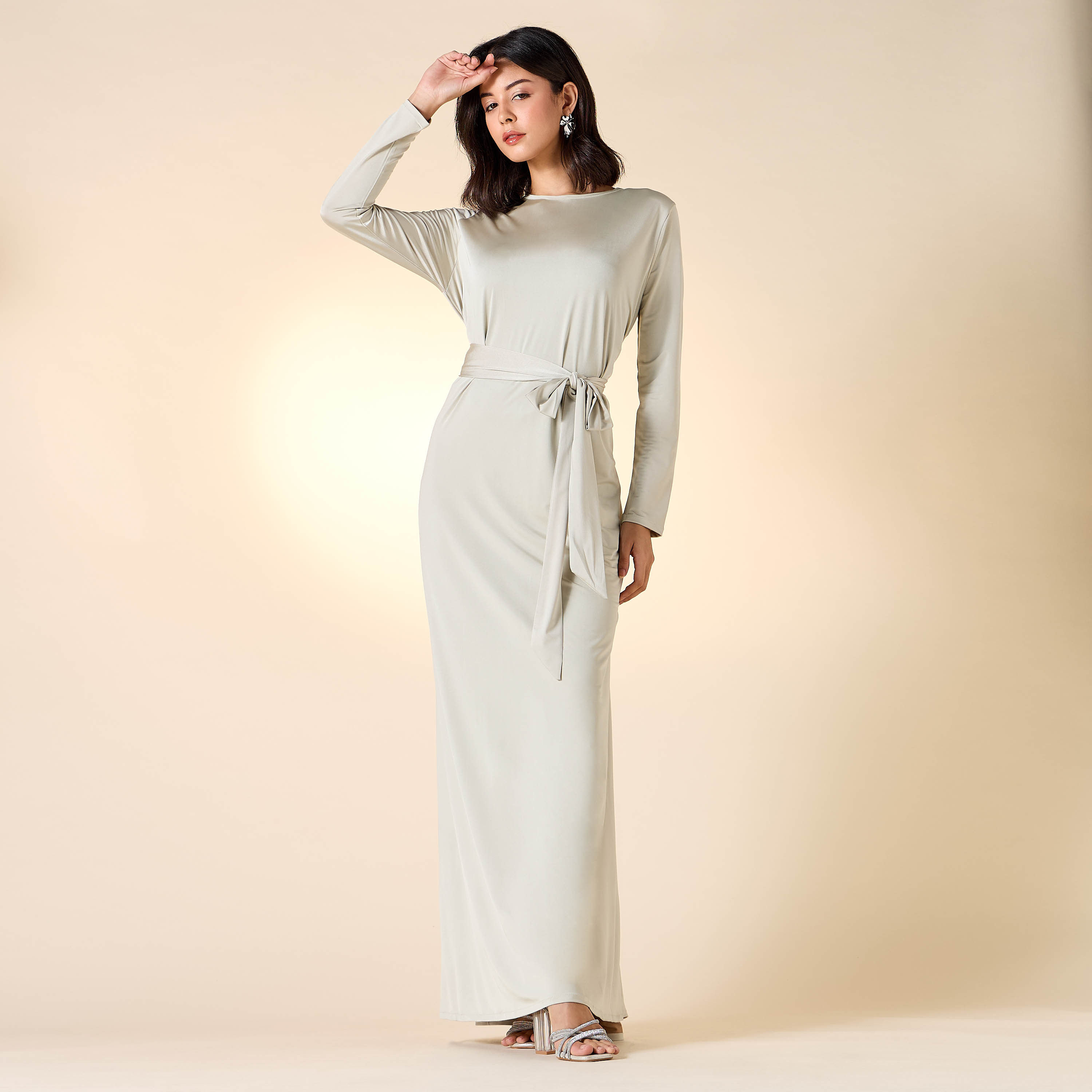 Golden Apple Solid Dress with Long Sleeves and Tie-Up Belt-women-clothing-dresses-image-7