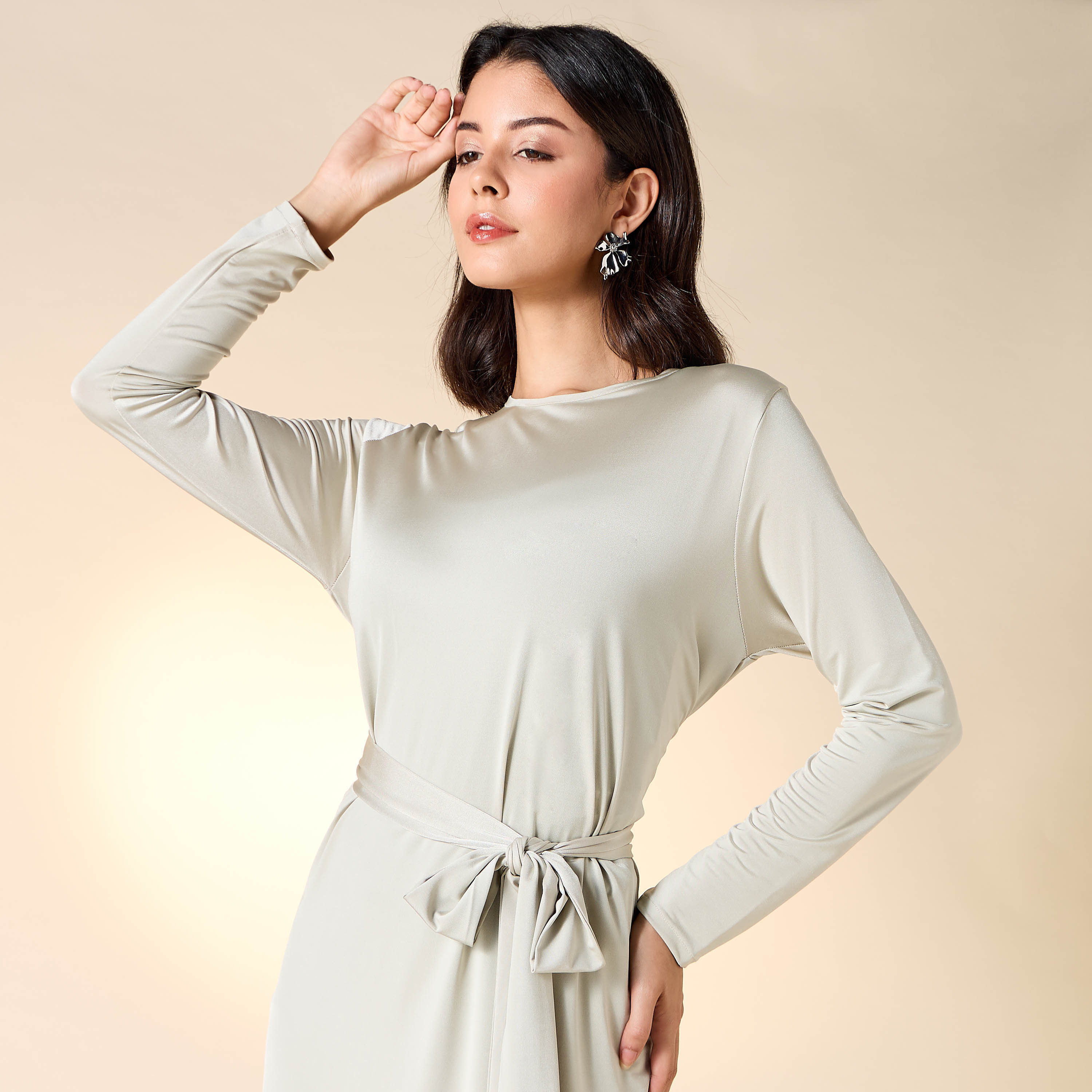 Golden Apple Solid Dress with Long Sleeves and Tie-Up Belt-women-clothing-dresses-image-9