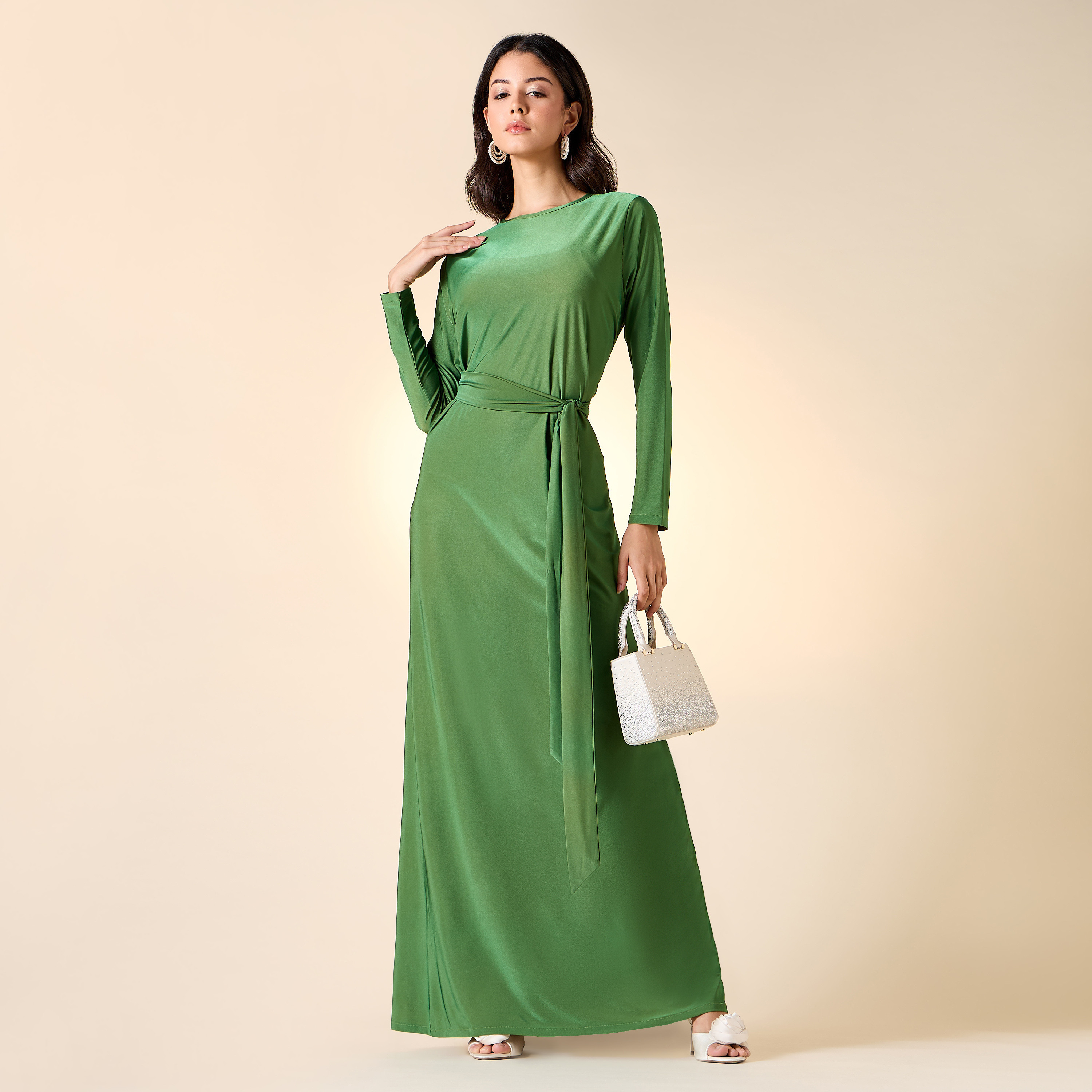 Golden Apple Solid Dress with Long Sleeves and Tie-Up Belt-women-clothing-dresses-image-11