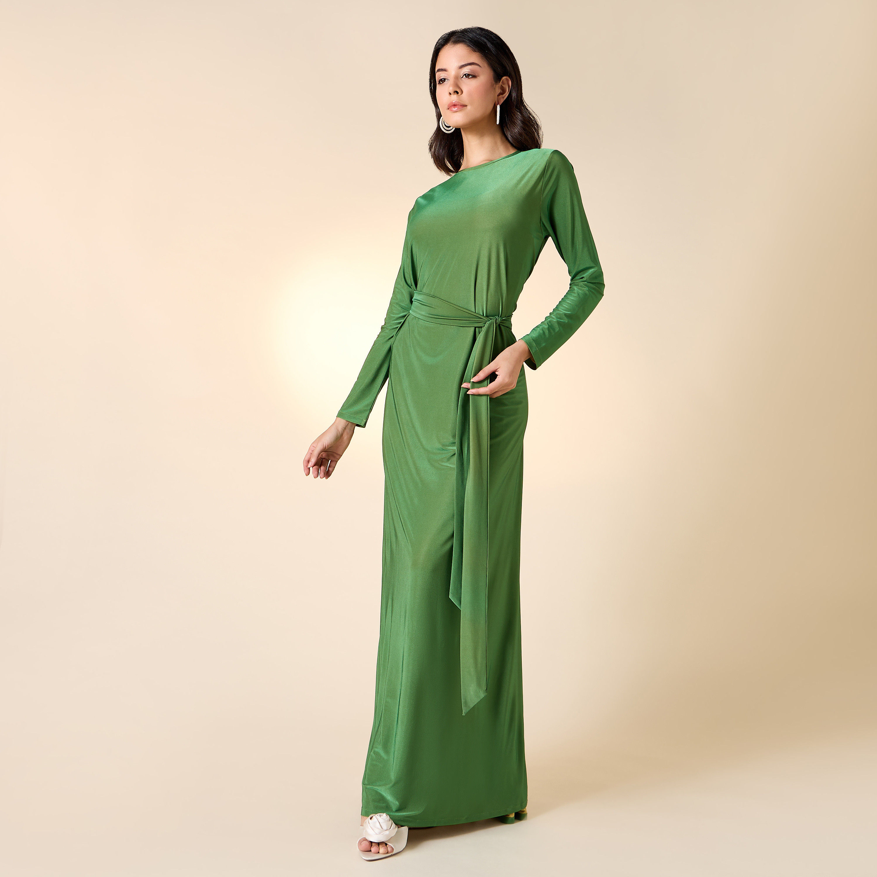 Golden Apple Solid Dress with Long Sleeves and Tie-Up Belt-women-clothing-dresses-image-12