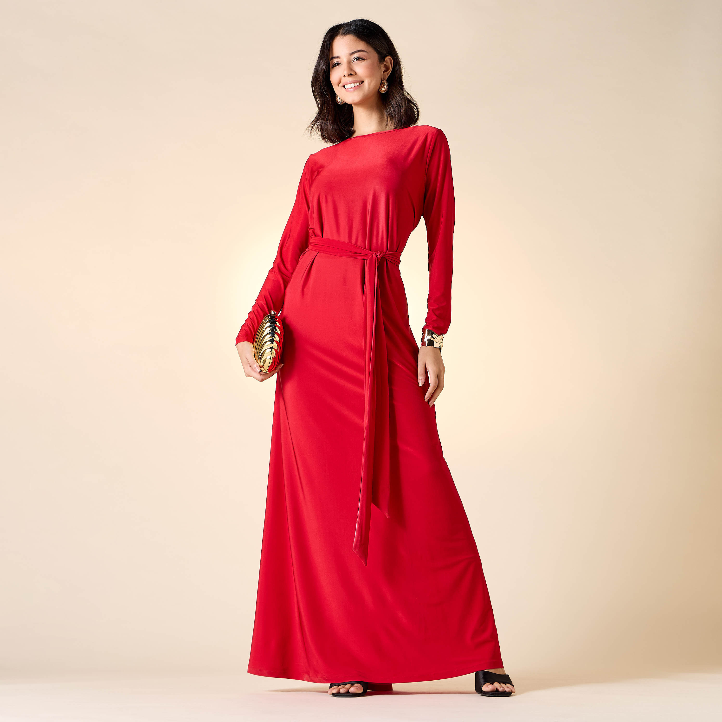 Golden Apple Solid Dress with Long Sleeves and Tie-Up Belt-women-clothing-dresses-image-1