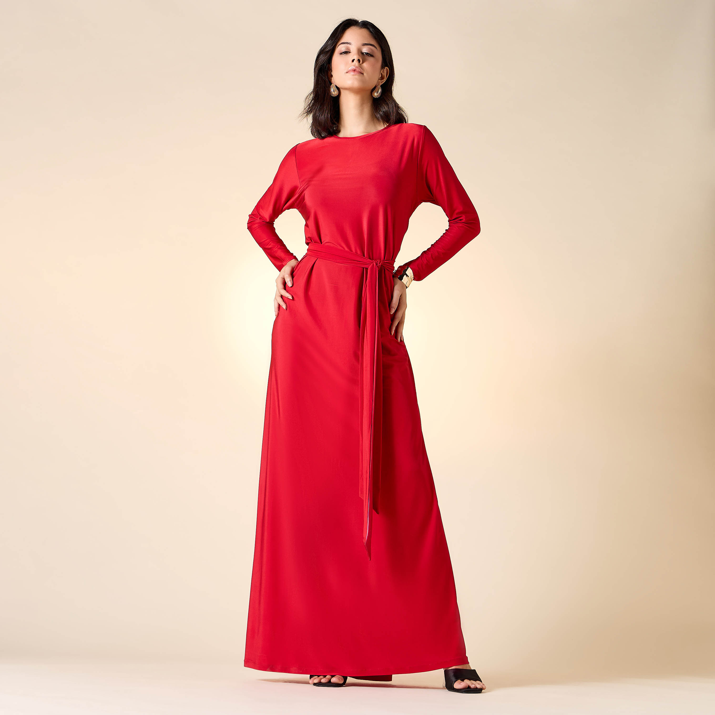 Golden Apple Solid Dress with Long Sleeves and Tie-Up Belt-women-clothing-dresses-image-2