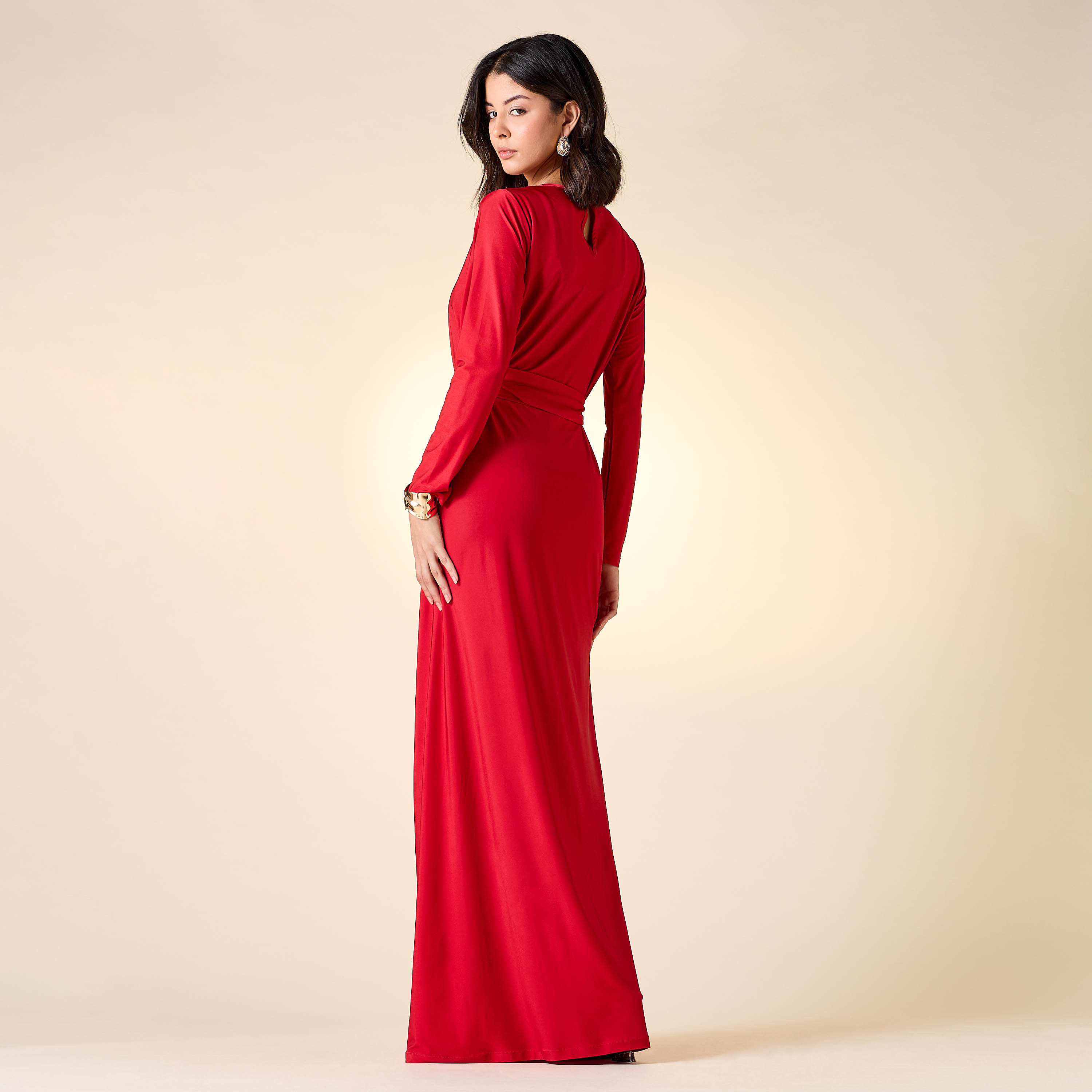 Golden Apple Solid Dress with Long Sleeves and Tie-Up Belt-women-clothing-dresses-image-3