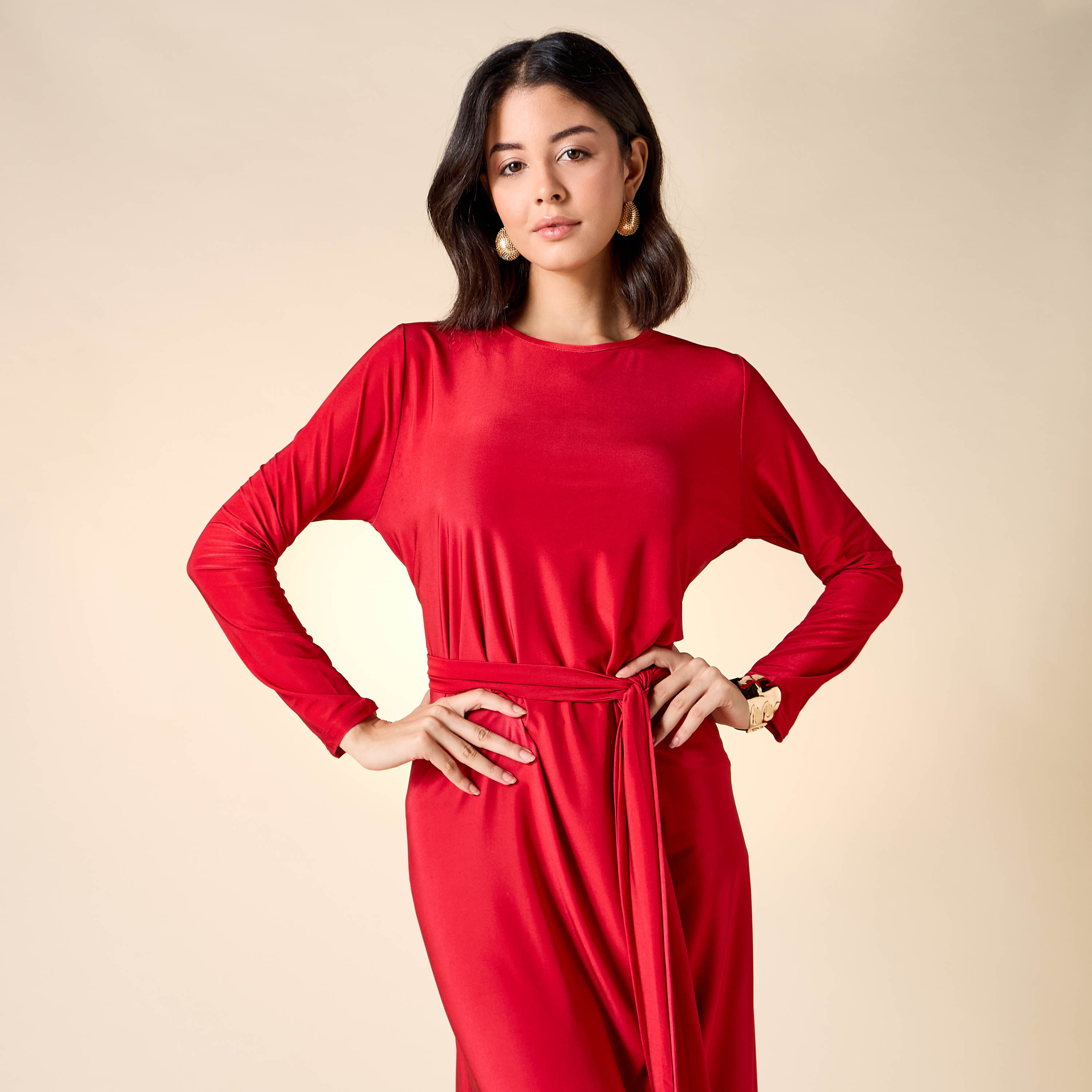 Golden Apple Solid Dress with Long Sleeves and Tie-Up Belt-women-clothing-dresses-image-4