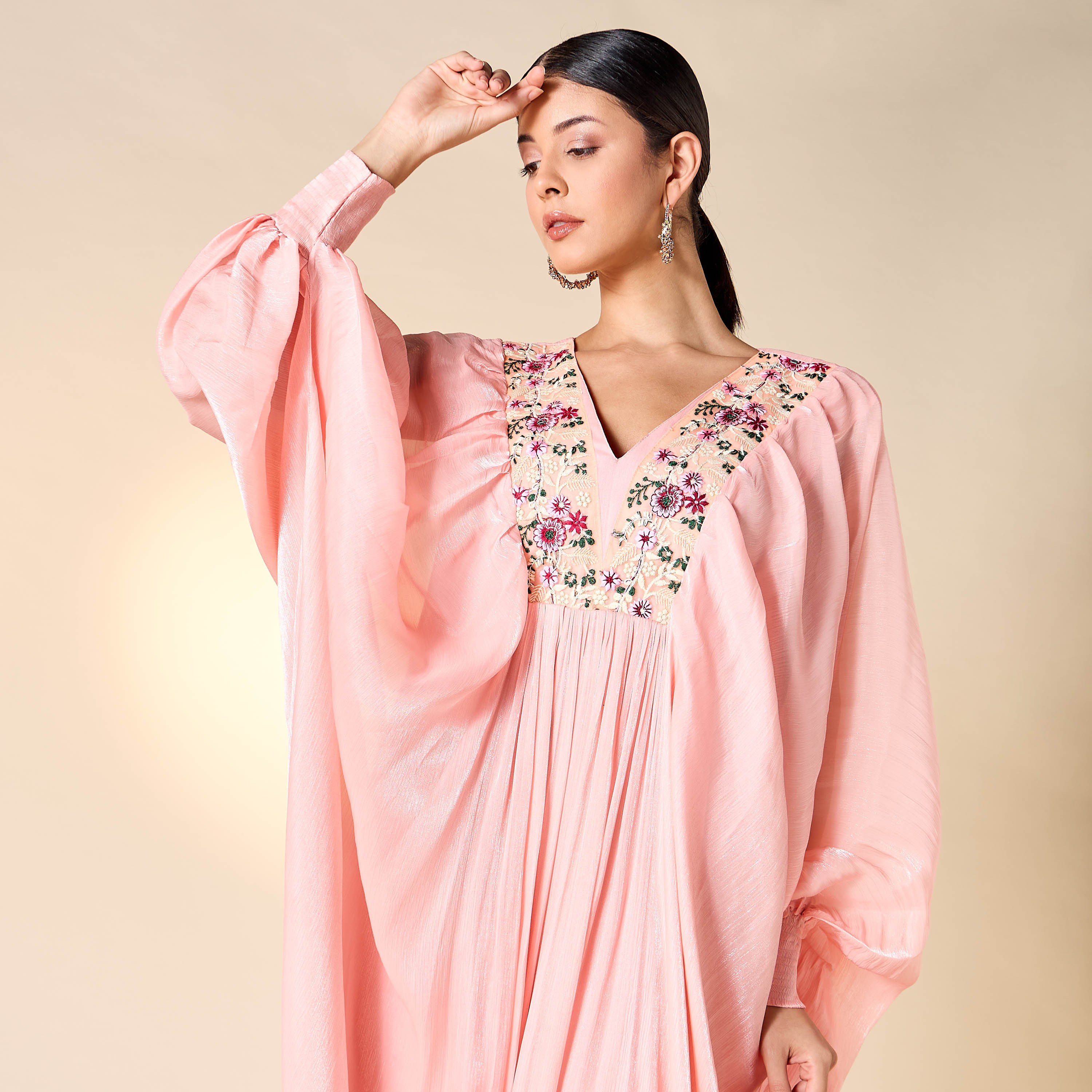 Golden Apple Embroidered Jalabiya with V-neck and Extended Cuff Sleeves-women-arabicclothing-jalabiyas-image-9