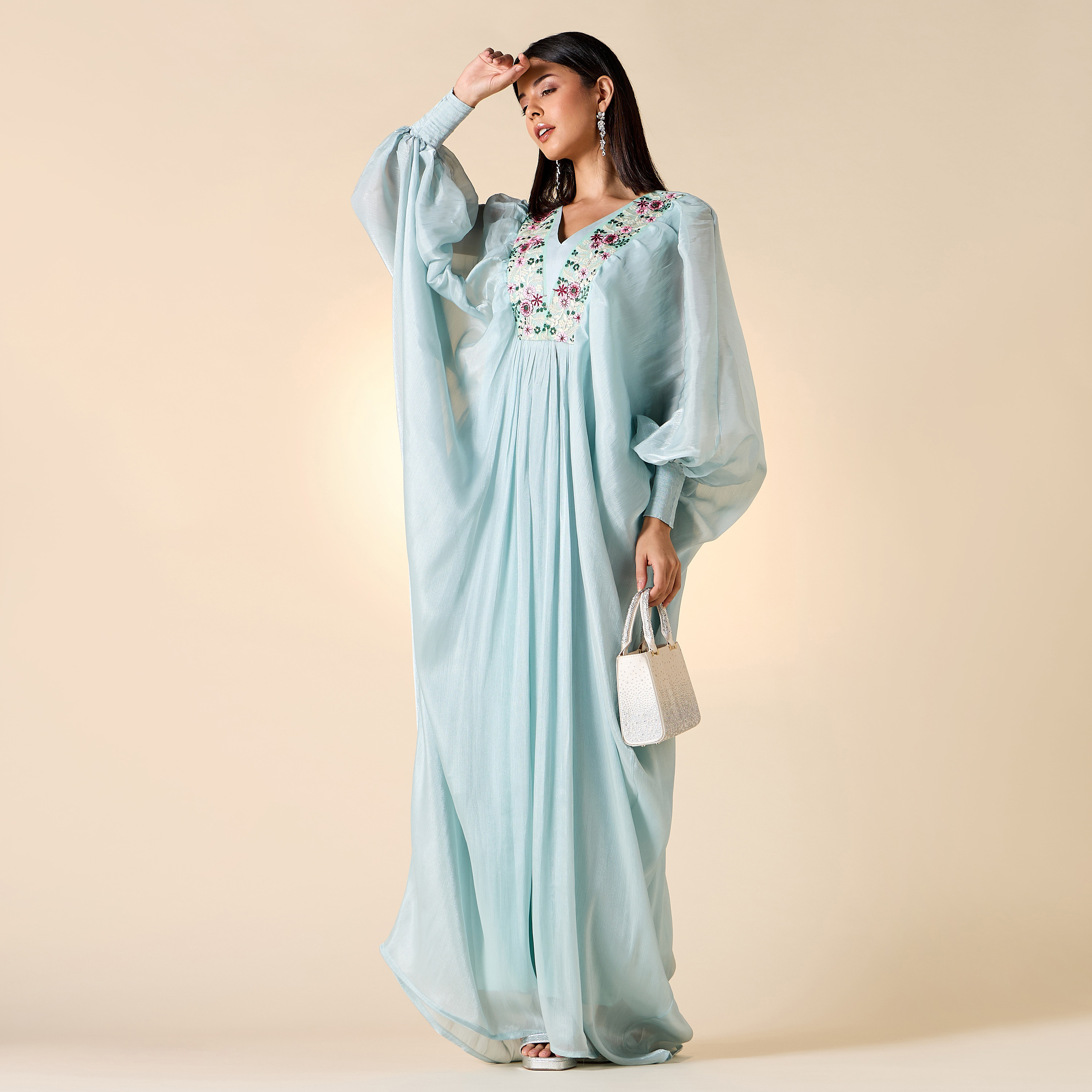 Golden Apple Embroidered Jalabiya with V-neck and Extended Cuff Sleeves-women-arabicclothing-jalabiyas-image-1