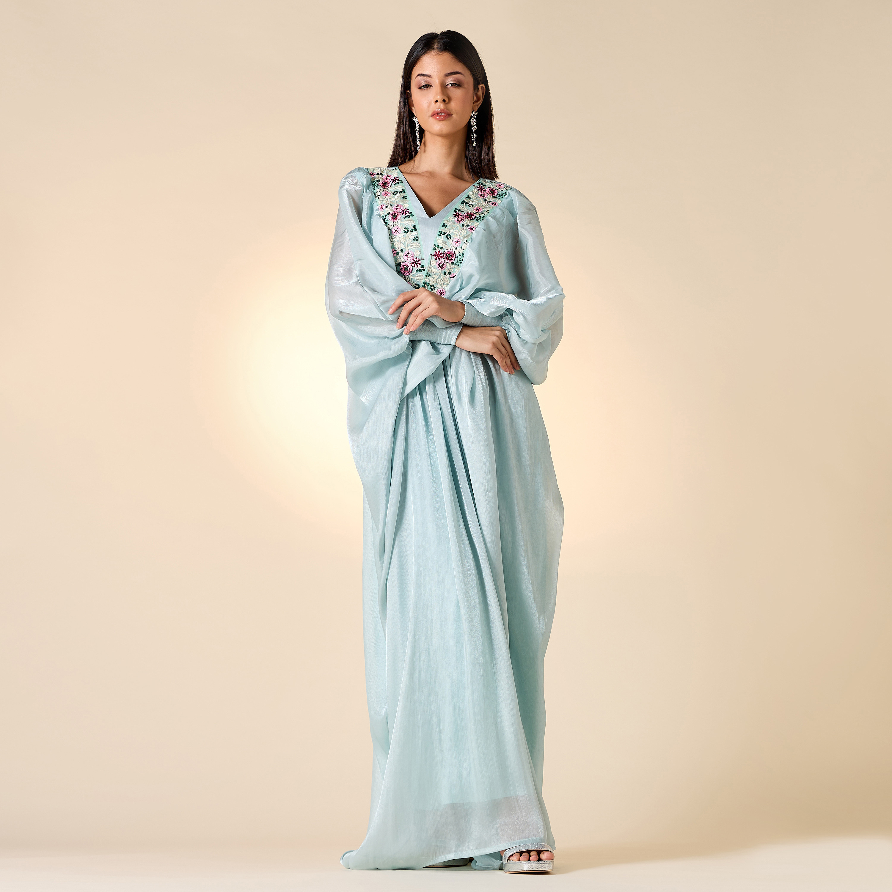 Golden Apple Embroidered Jalabiya with V-neck and Extended Cuff Sleeves-women-arabicclothing-jalabiyas-image-2