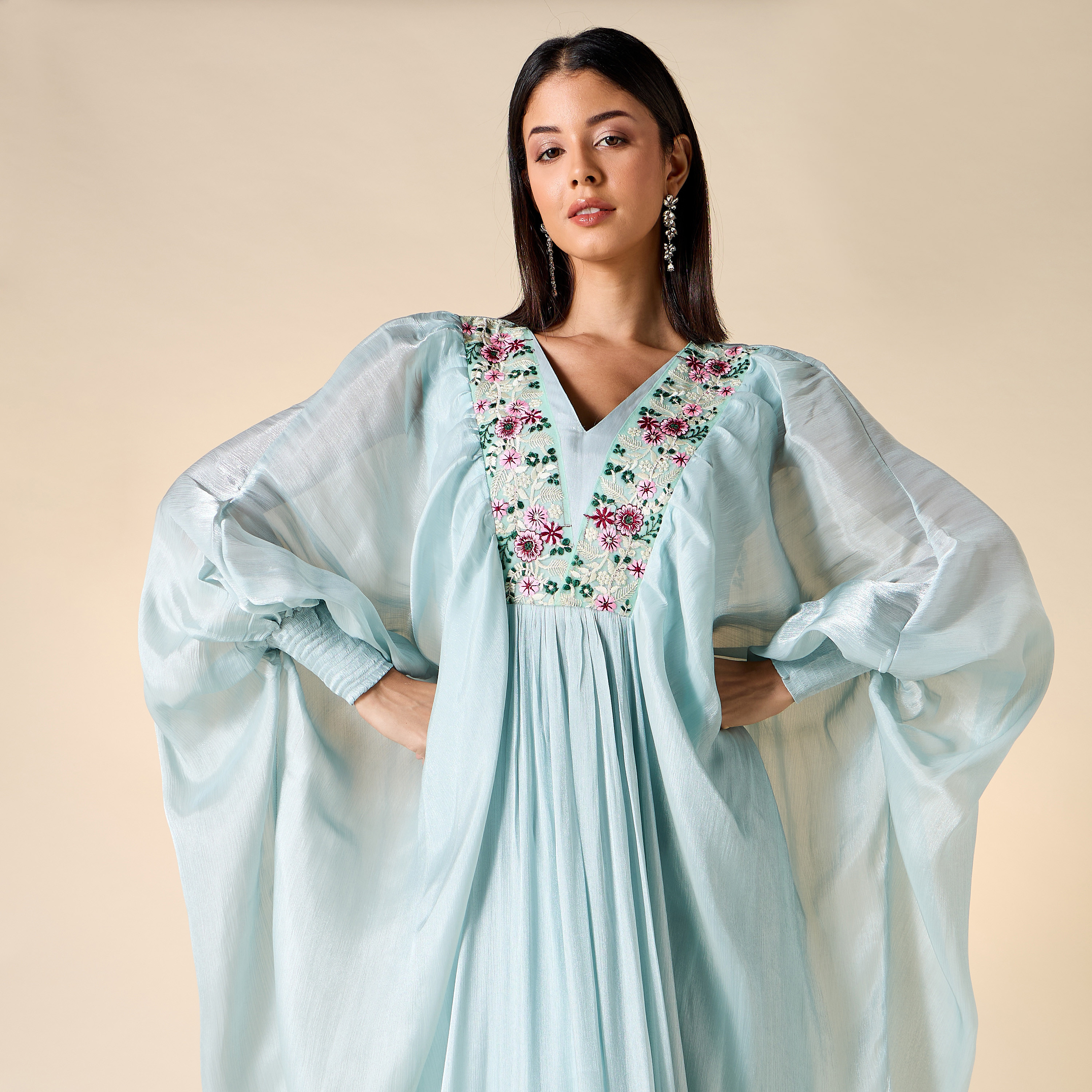 Golden Apple Embroidered Jalabiya with V-neck and Extended Cuff Sleeves-women-arabicclothing-jalabiyas-image-4
