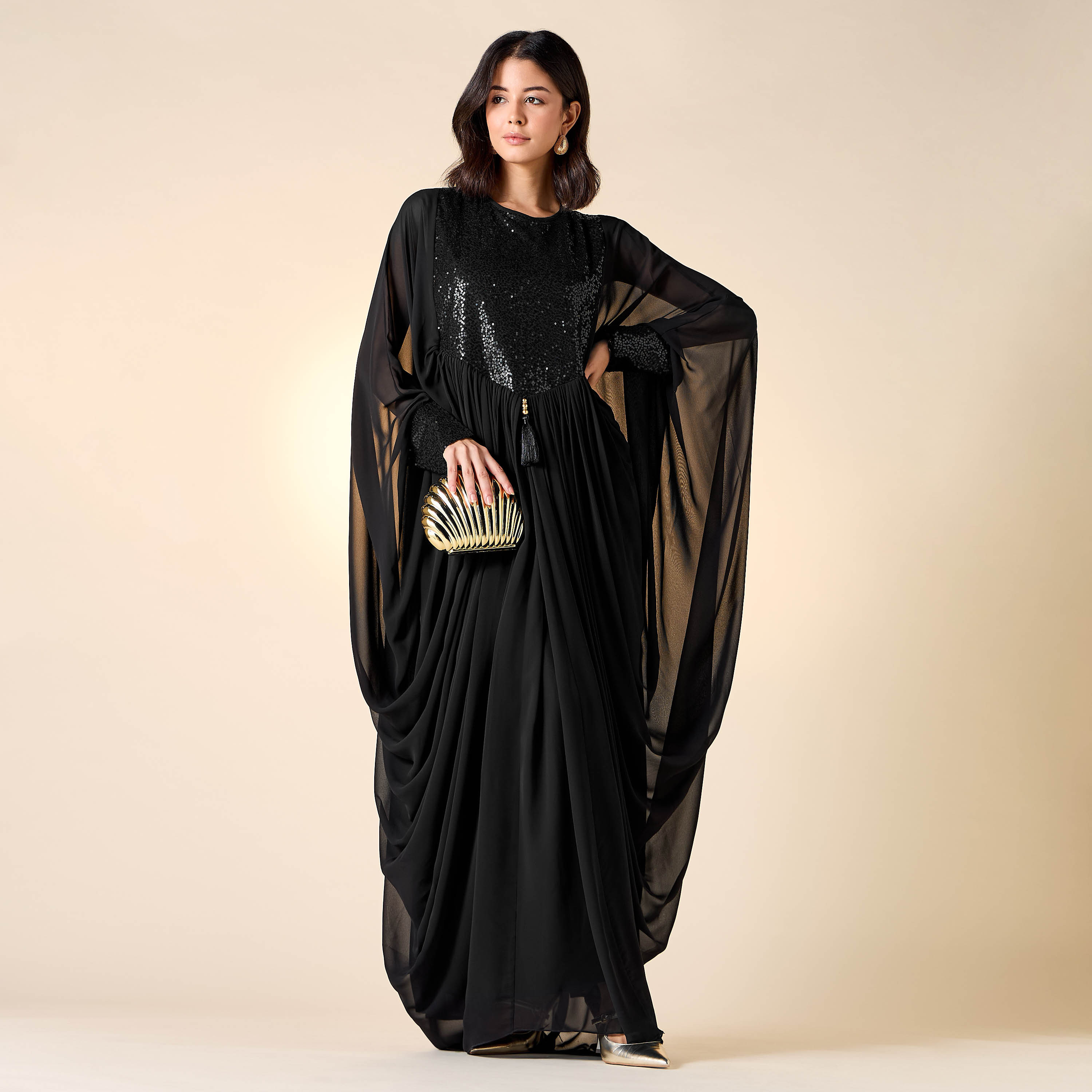 Golden Apple Embellished Dress with Draped Sleeves-women-clothing-dresses-image-1