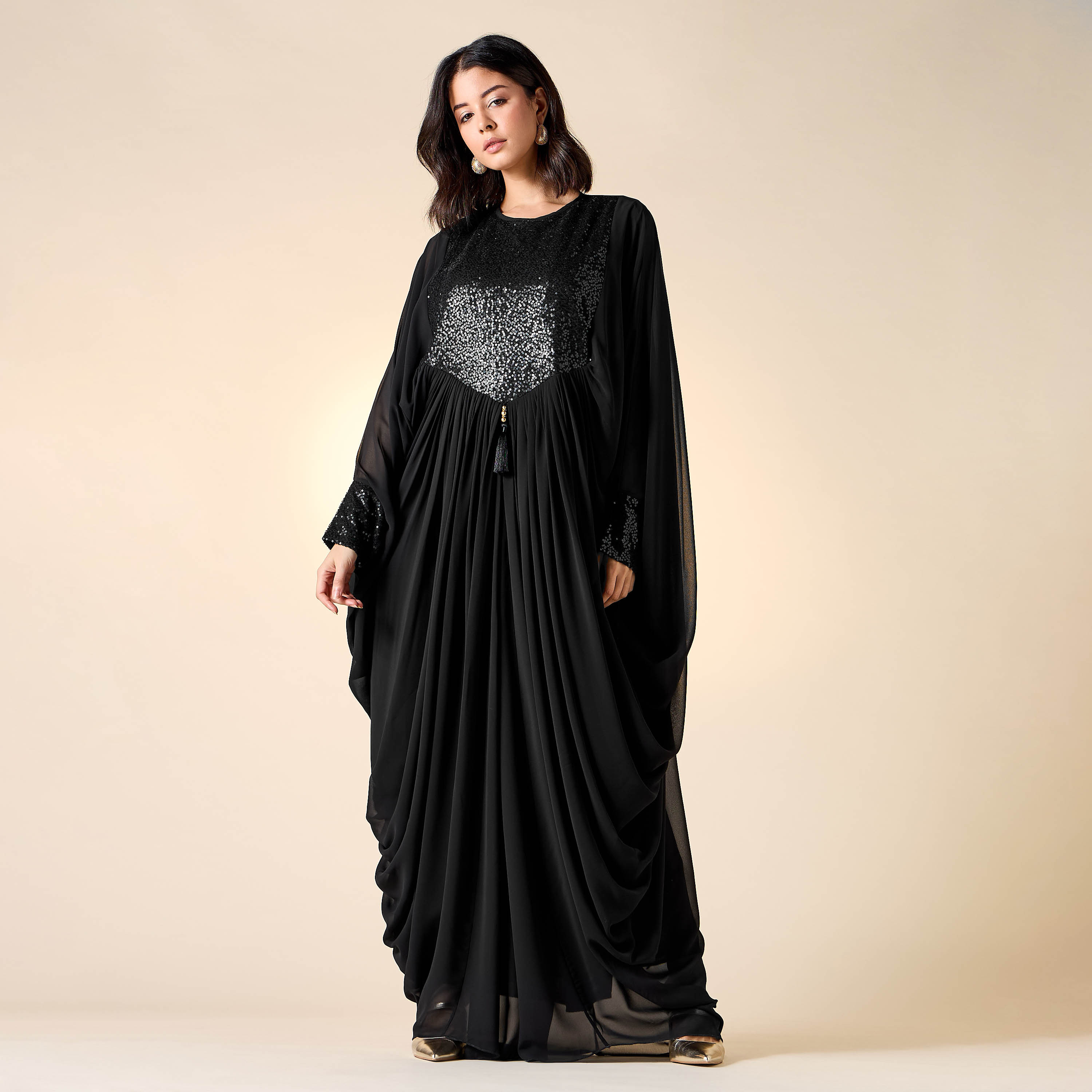 Golden Apple Embellished Dress with Draped Sleeves-women-clothing-dresses-image-2