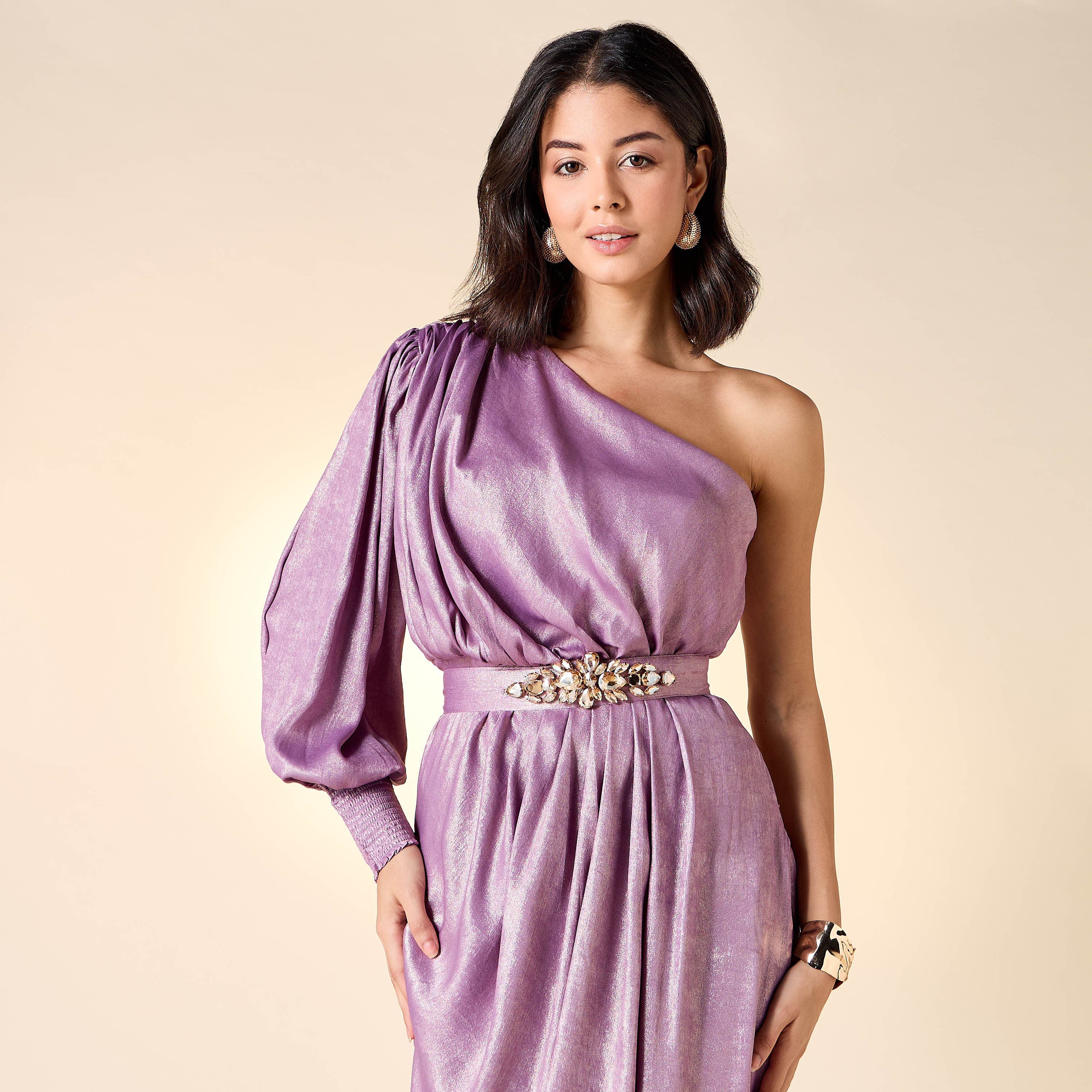 فستان بارز الملمس بحزام وكتف واحد من جولدن أبل-women-clothing-dresses-image-9