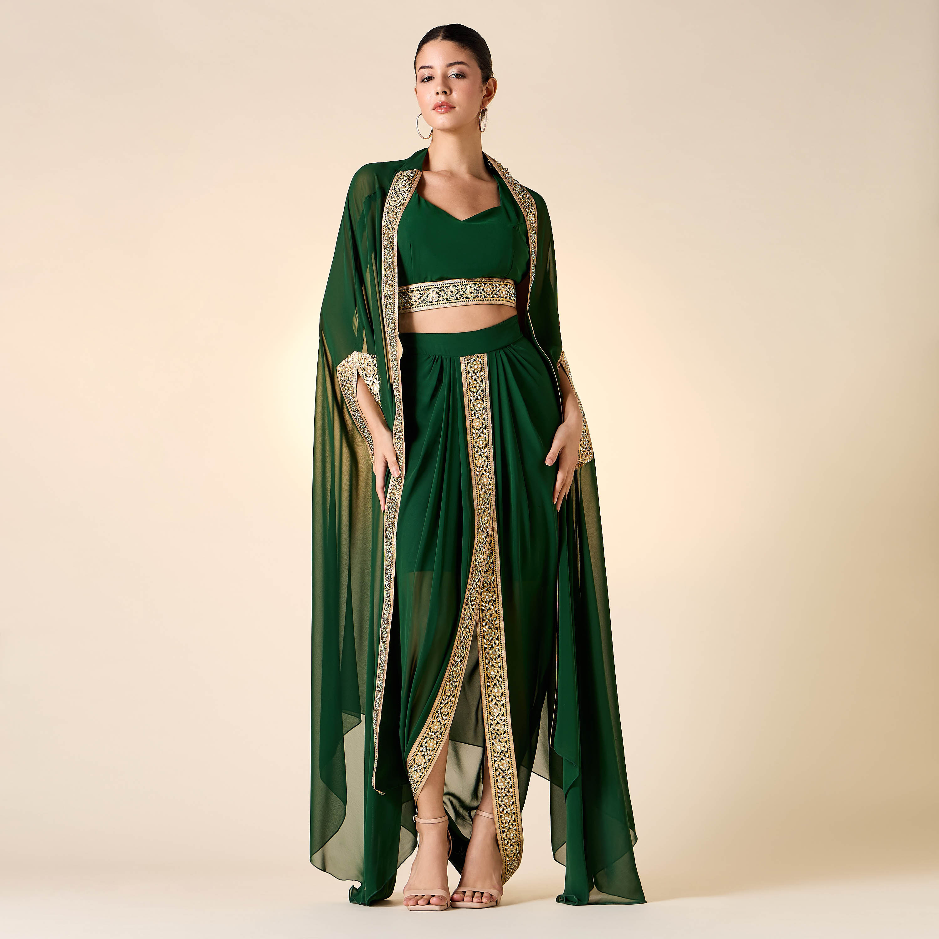 Golden Apple Lace Detail Sleeveless Crop Top with Skirt and Longline Shrug-women-clothing-dresses-image-1