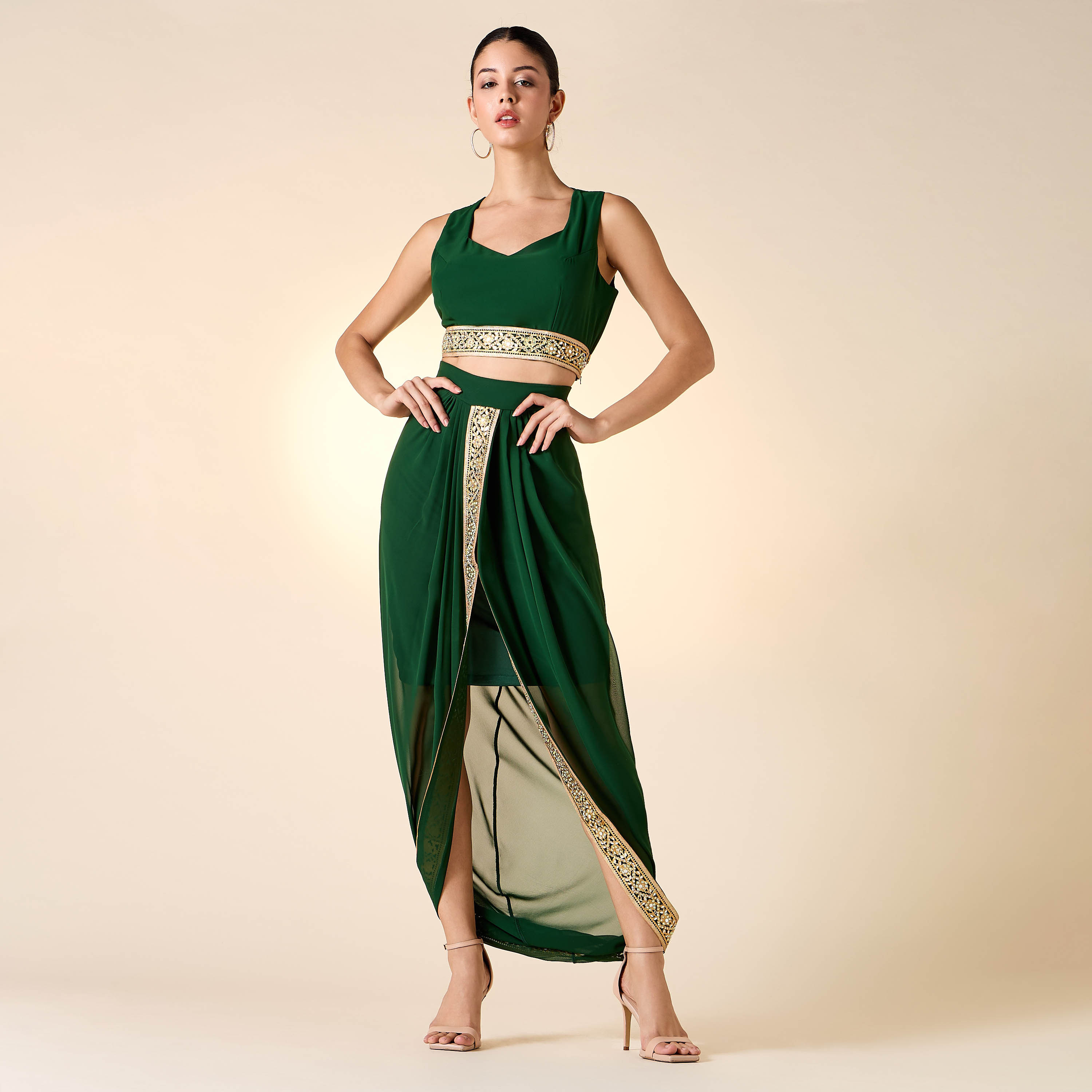 Golden Apple Lace Detail Sleeveless Crop Top with Skirt and Longline Shrug-women-clothing-dresses-image-2