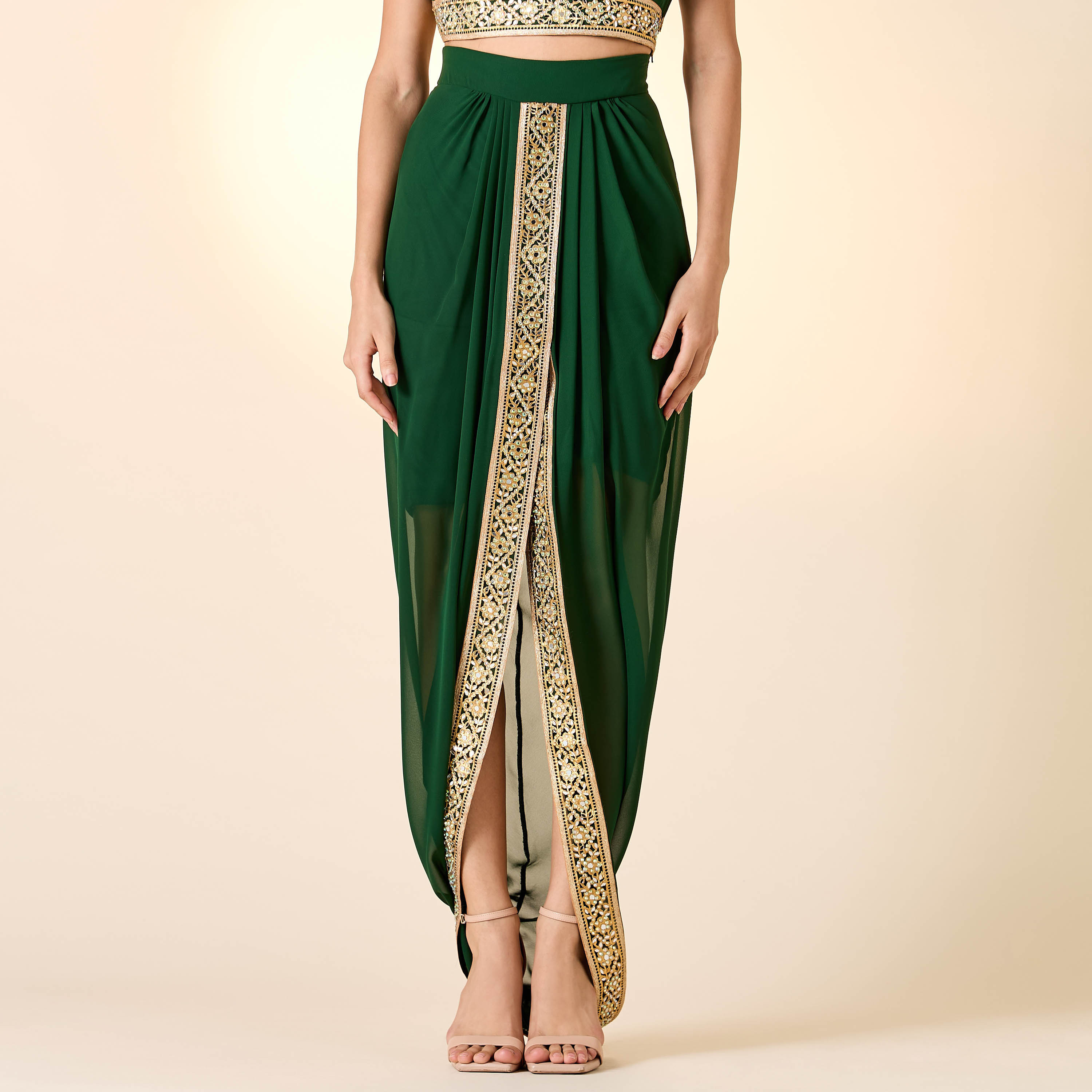 Golden Apple Lace Detail Sleeveless Crop Top with Skirt and Longline Shrug-women-clothing-dresses-image-4