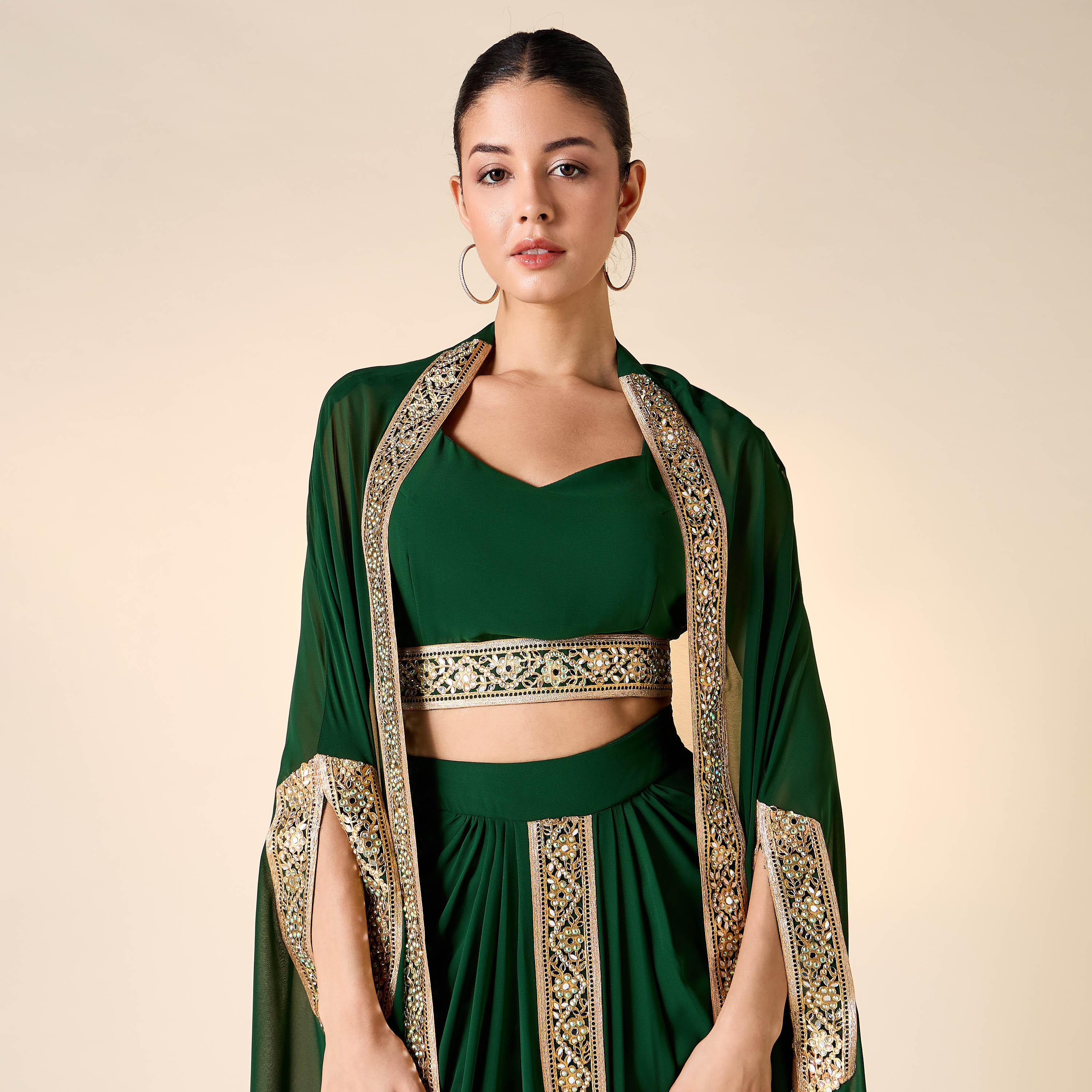 Golden Apple Lace Detail Sleeveless Crop Top with Skirt and Longline Shrug-women-clothing-dresses-image-6