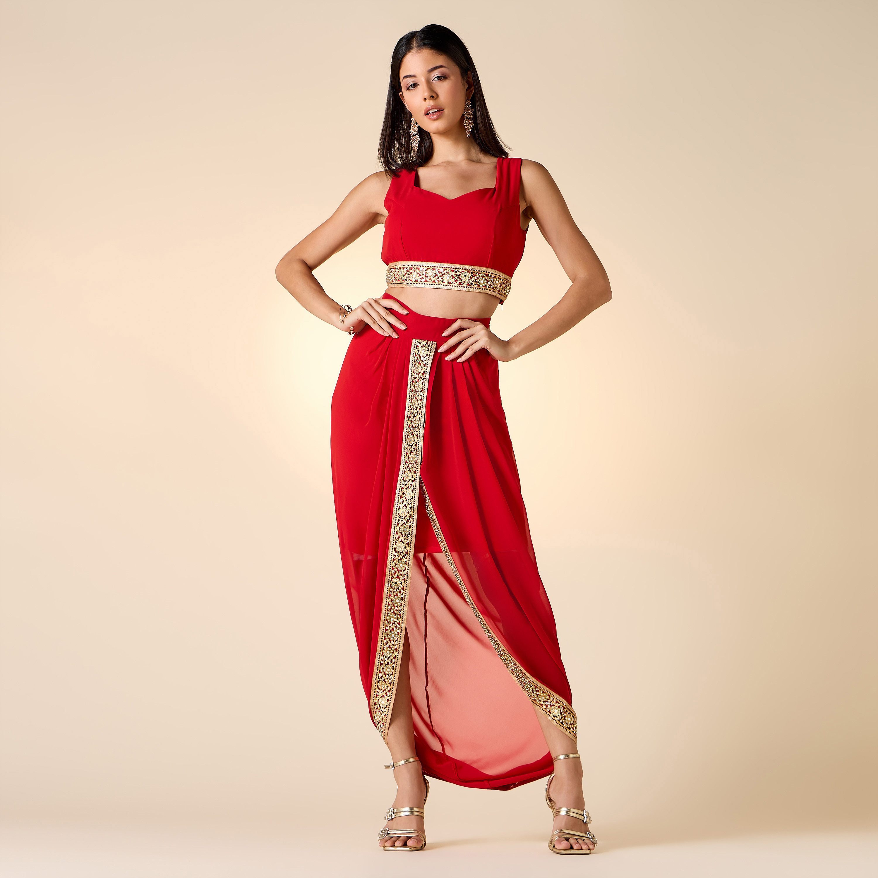 Golden Apple Lace Detail Sleeveless Crop Top with Skirt and Longline Shrug-women-clothing-dresses-image-9