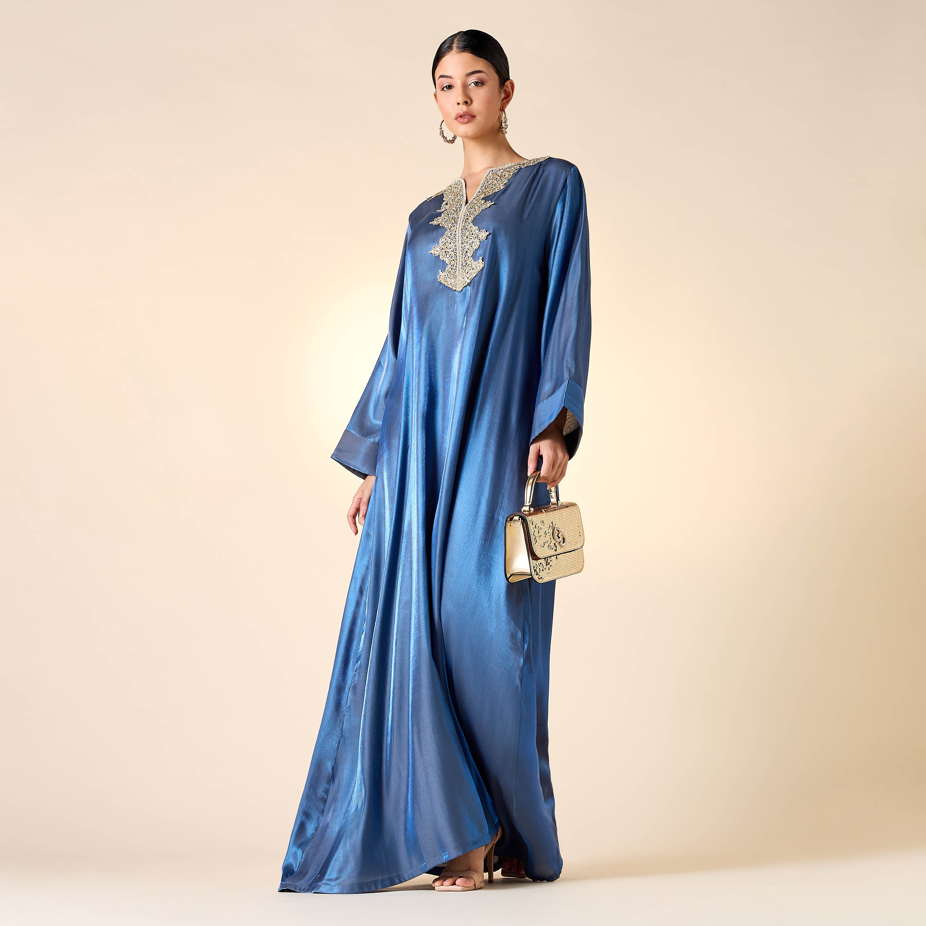 Golden Apple Embellished Jalabiya with Split Neck-women-arabicclothing-jalabiyas-image-1