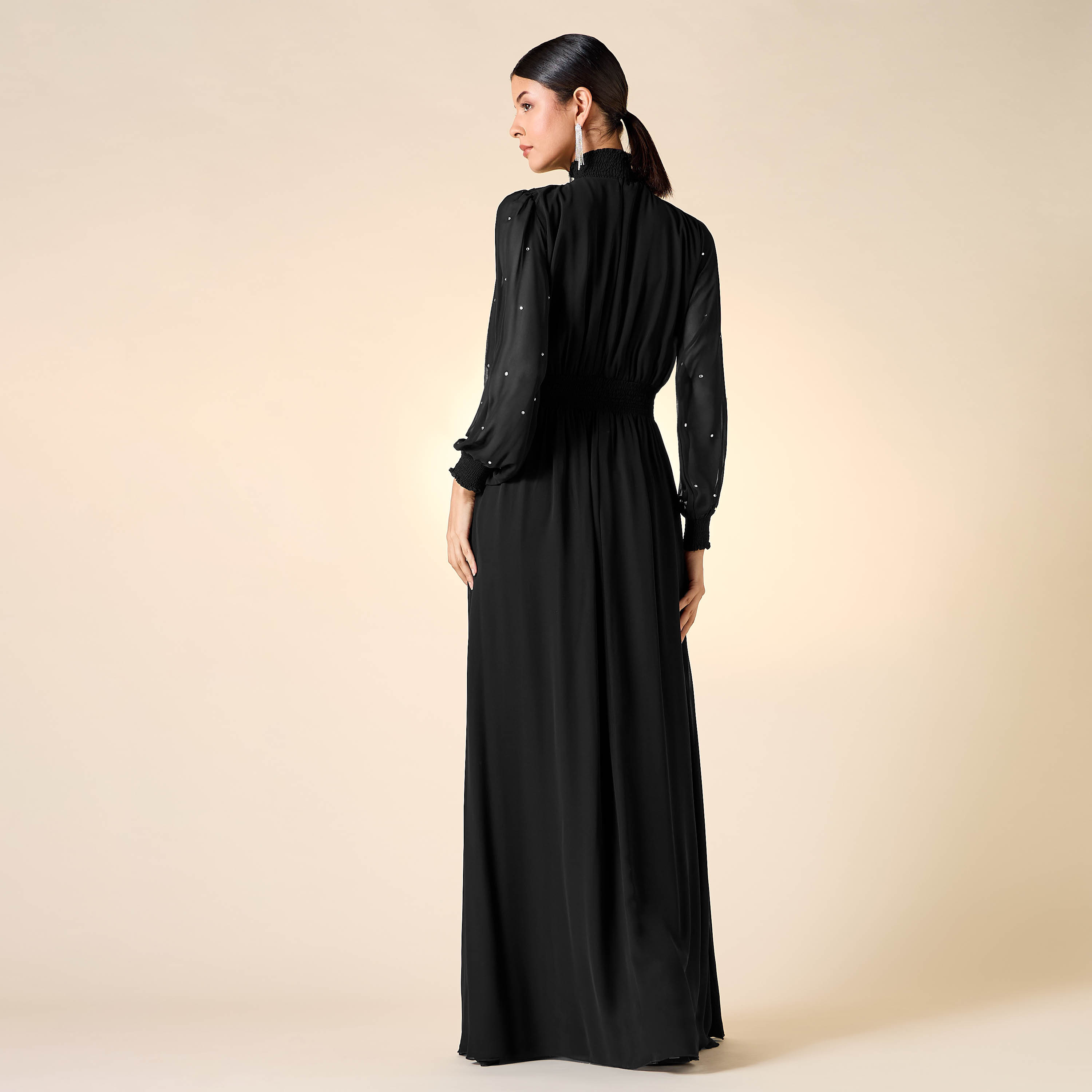 Golden Apple Embellished High Neck Dress with Volume Sleeves-women-clothing-dresses-image-3