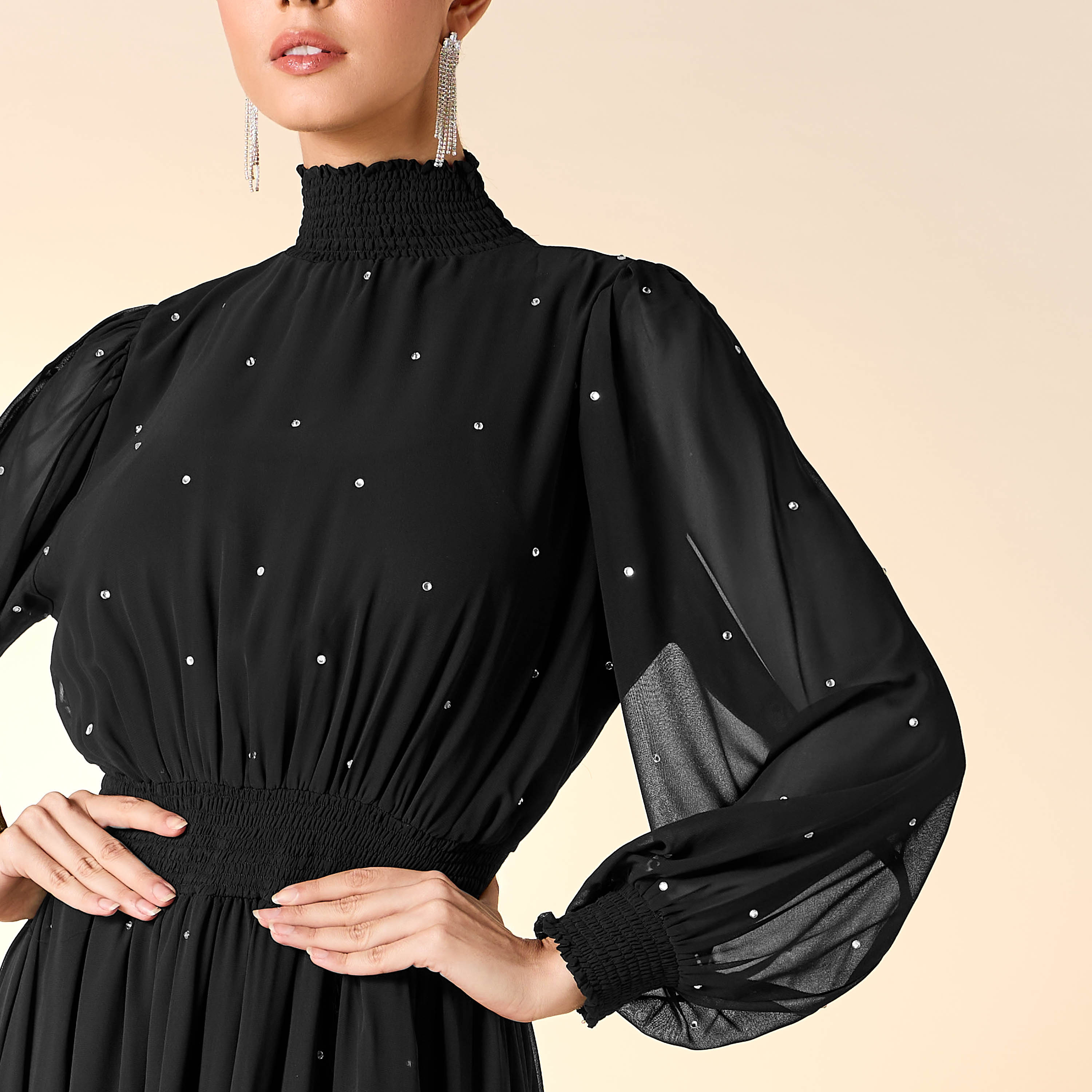 Golden Apple Embellished High Neck Dress with Volume Sleeves-women-clothing-dresses-image-5