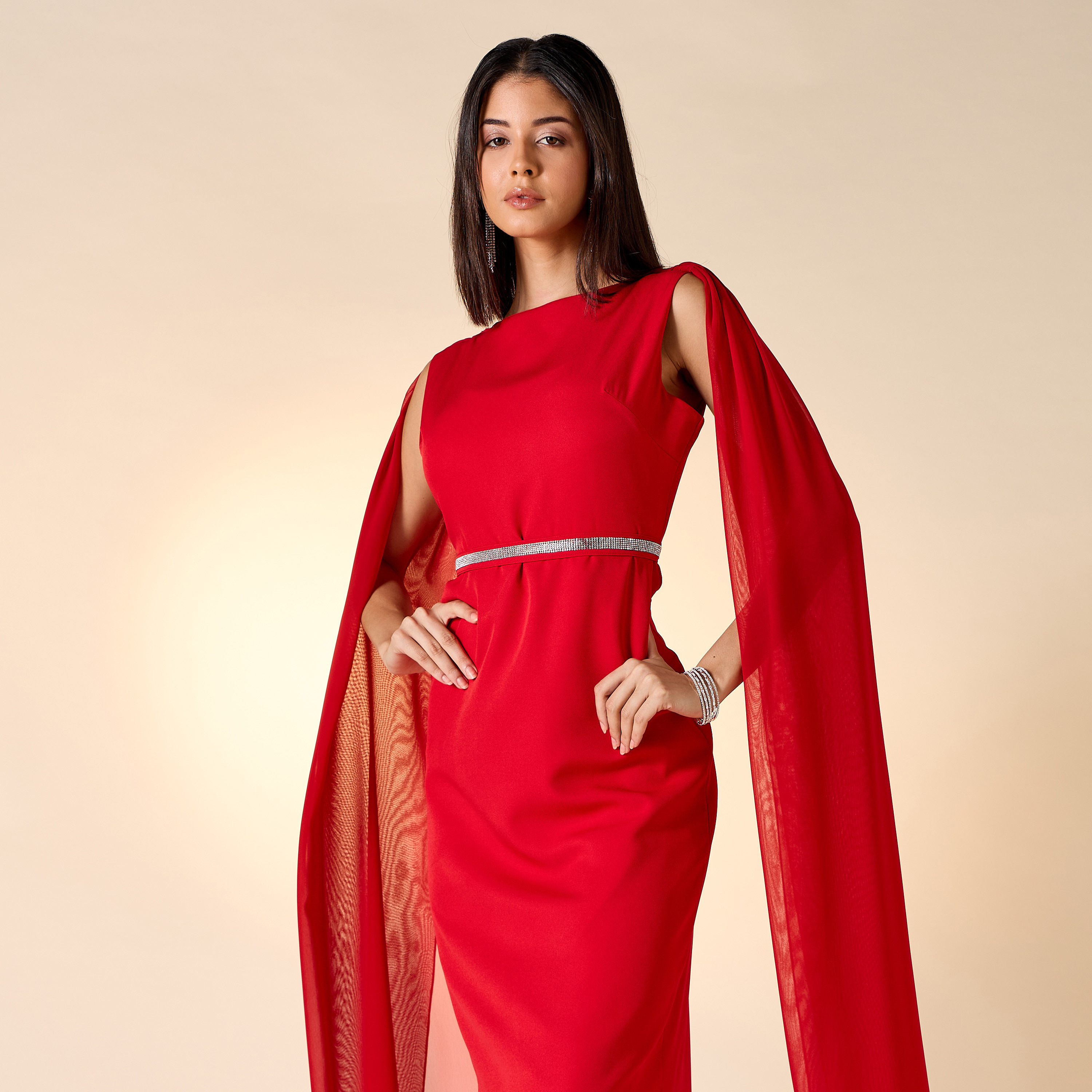 Golden Apple Embellished Dress with Cape Sleeves-women-clothing-dresses-image-4