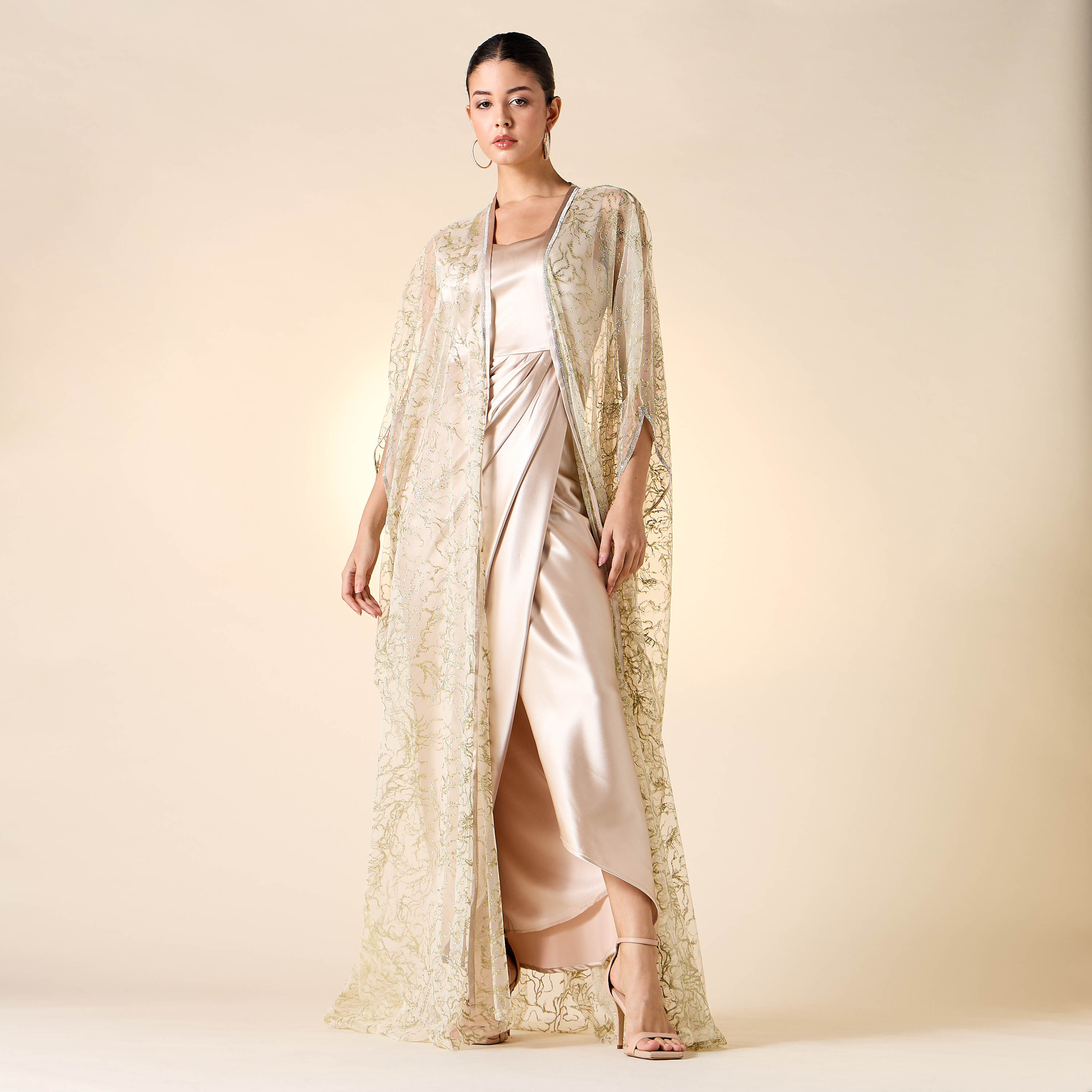 Golden Apple Solid Sleeveless Draped Dress with Longline Shrug and Belt-women-clothing-dresses-image-2