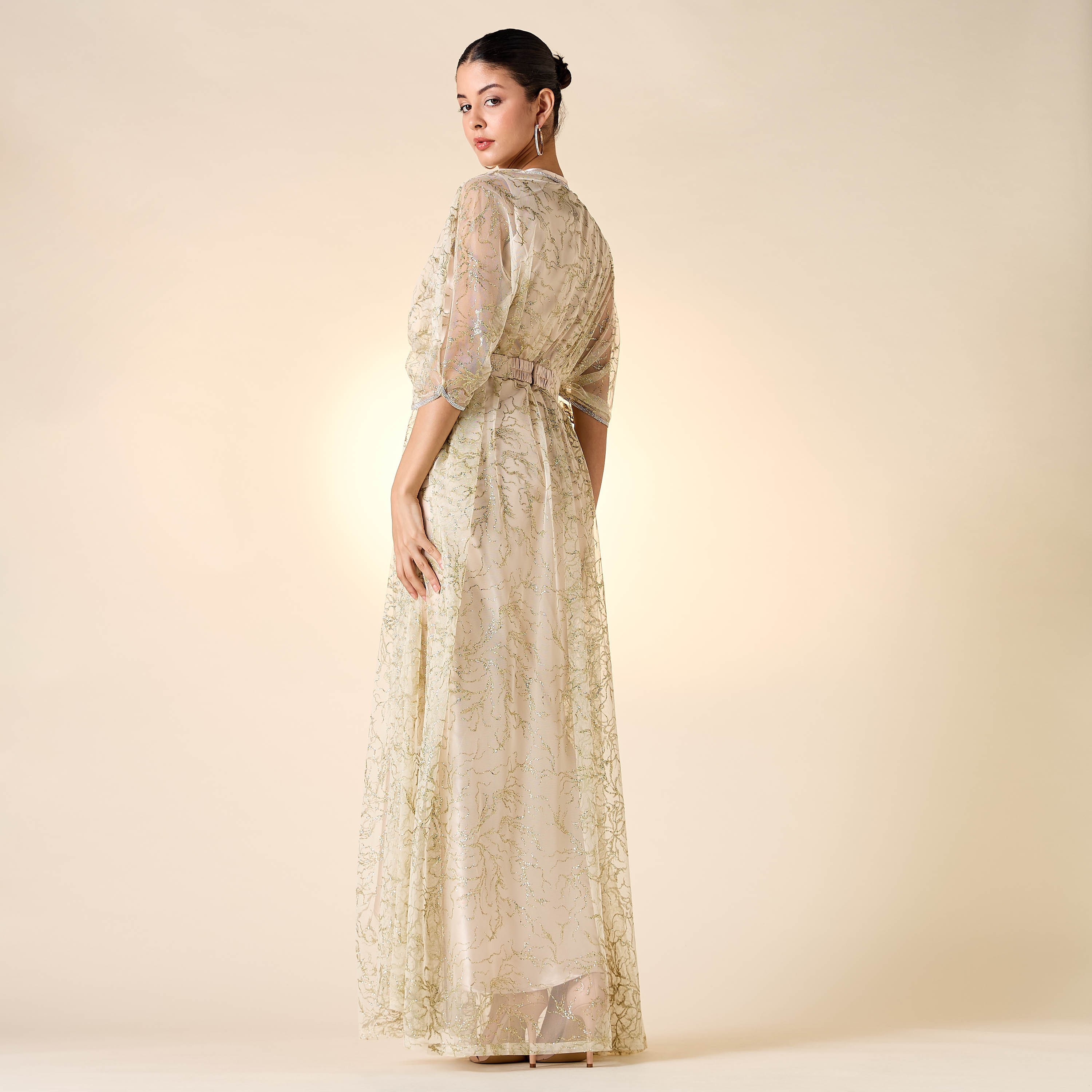 Golden Apple Solid Sleeveless Draped Dress with Longline Shrug and Belt-women-clothing-dresses-image-3
