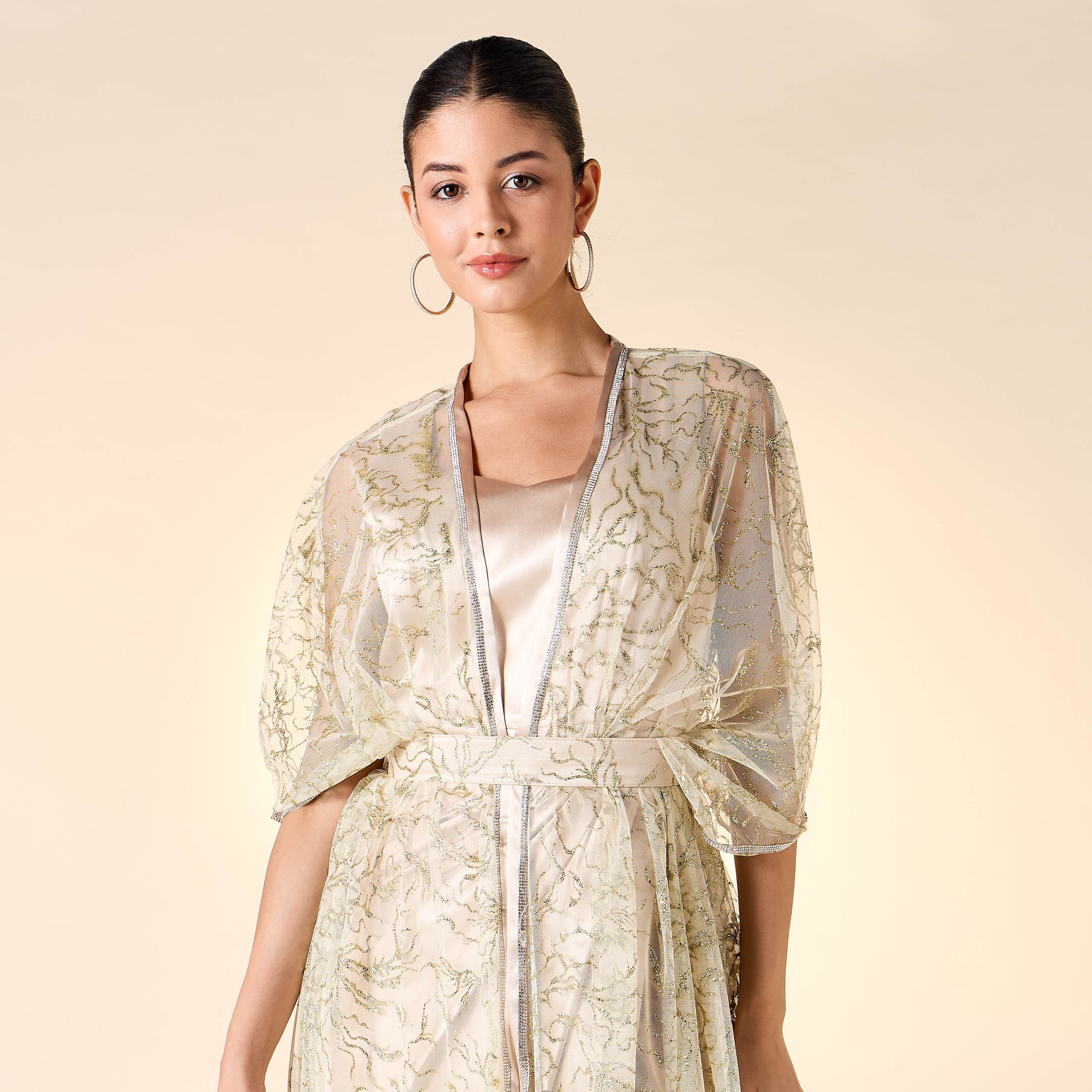 Golden Apple Solid Sleeveless Draped Dress with Longline Shrug and Belt-women-clothing-dresses-image-4