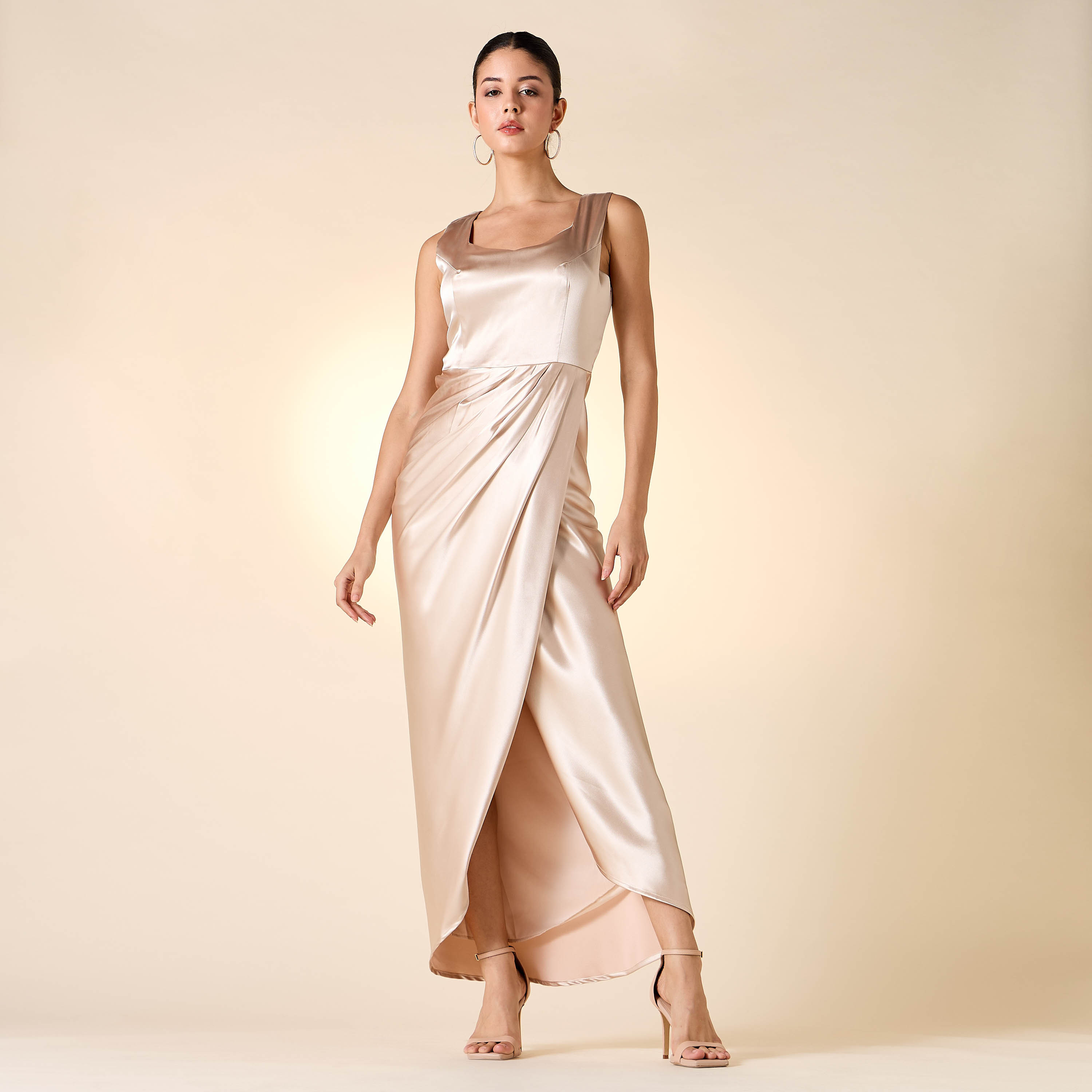 Golden Apple Solid Sleeveless Draped Dress with Longline Shrug and Belt-women-clothing-dresses-image-6