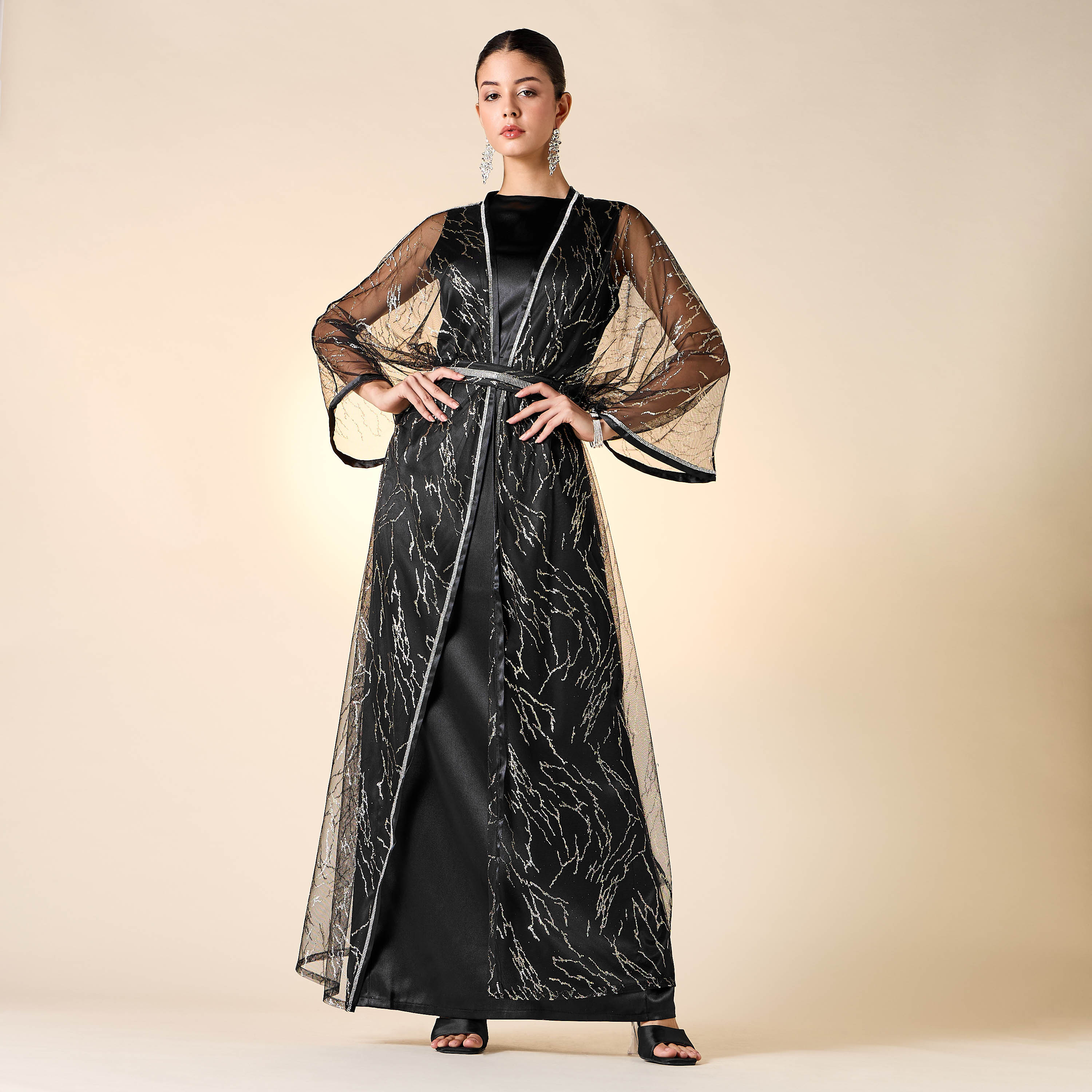 Golden Apple Solid Sleeveless Dress with Longline Shrug and Belt-women-clothing-dresses-image-7