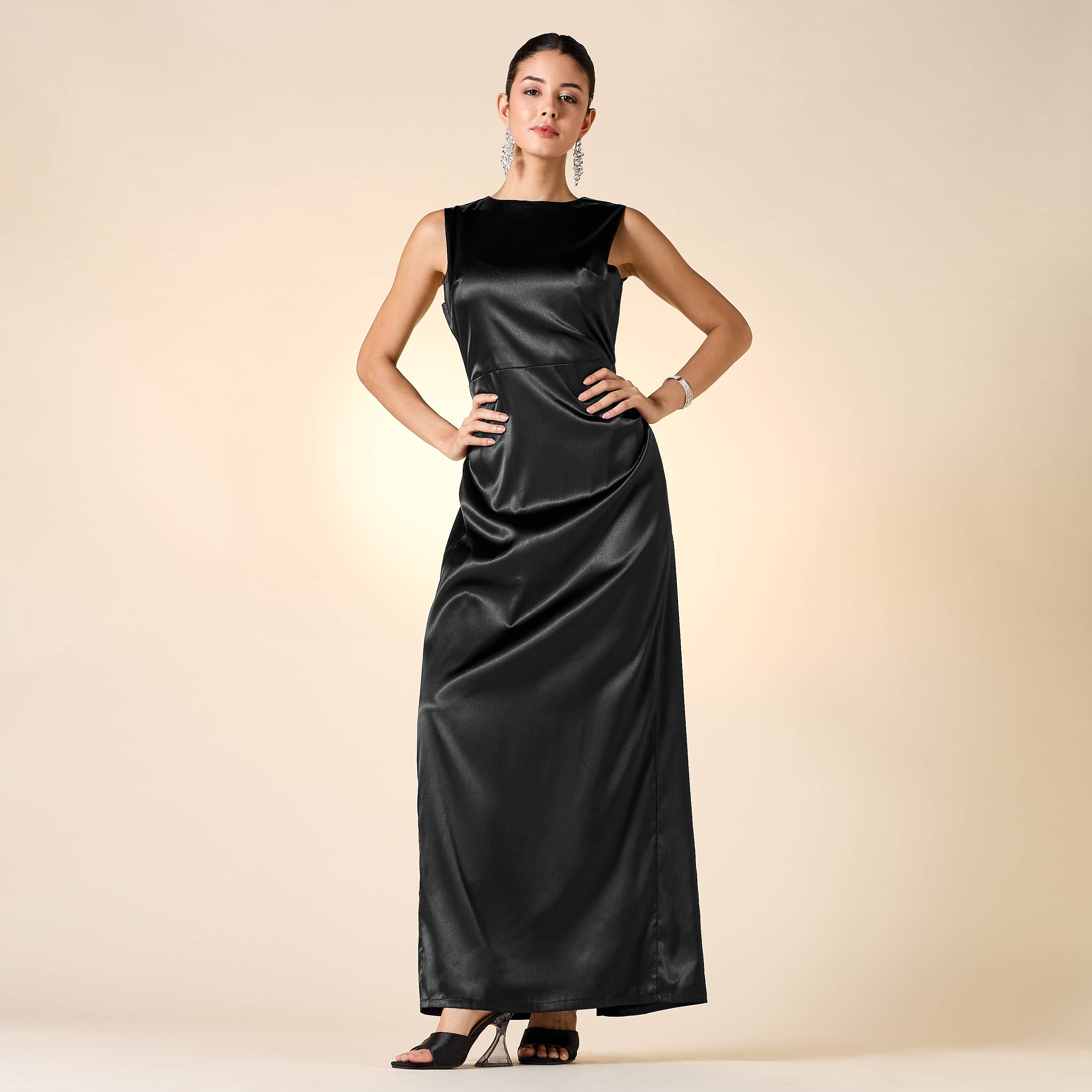 Golden Apple Solid Sleeveless Dress with Longline Shrug and Belt-women-clothing-dresses-image-12