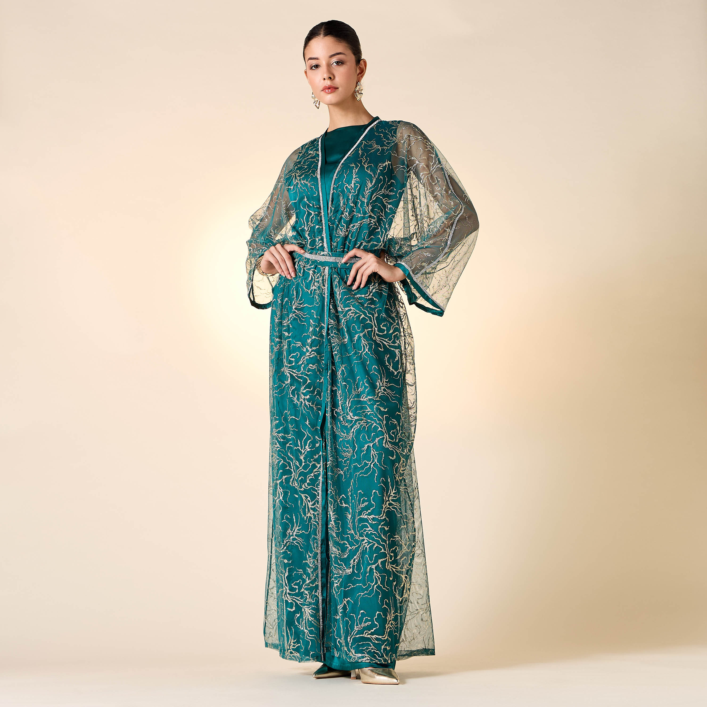 Golden Apple Solid Sleeveless Dress with Longline Shrug and Belt-women-clothing-dresses-image-1