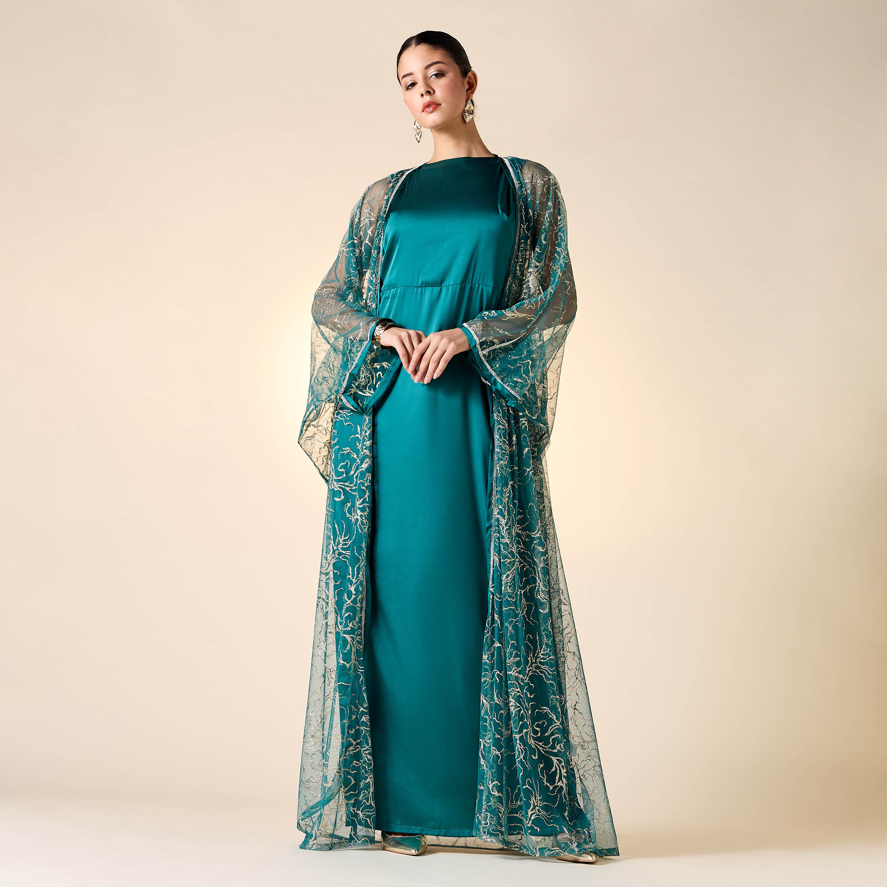 Golden Apple Solid Sleeveless Dress with Longline Shrug and Belt-women-clothing-dresses-image-2