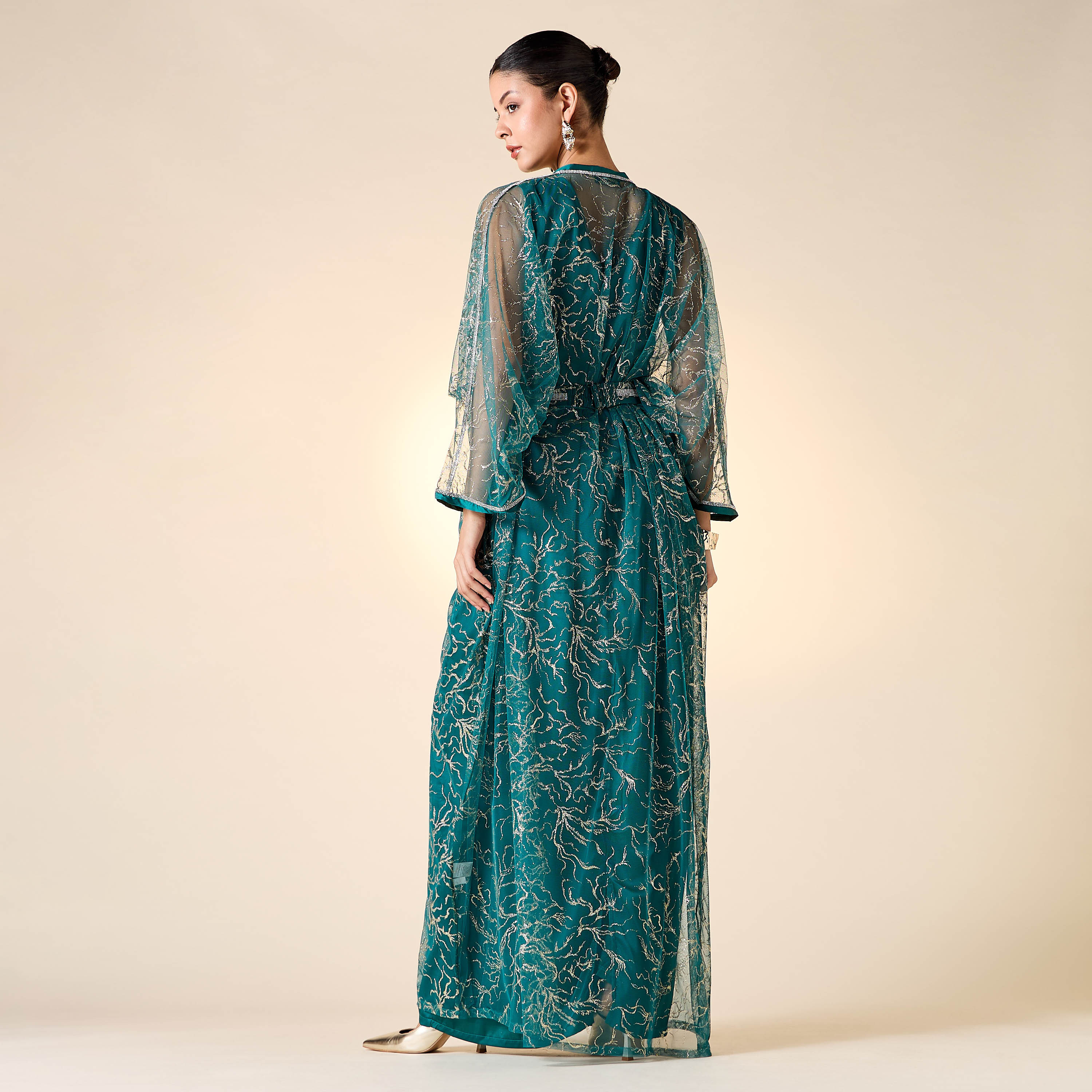 Golden Apple Solid Sleeveless Dress with Longline Shrug and Belt-women-clothing-dresses-image-3