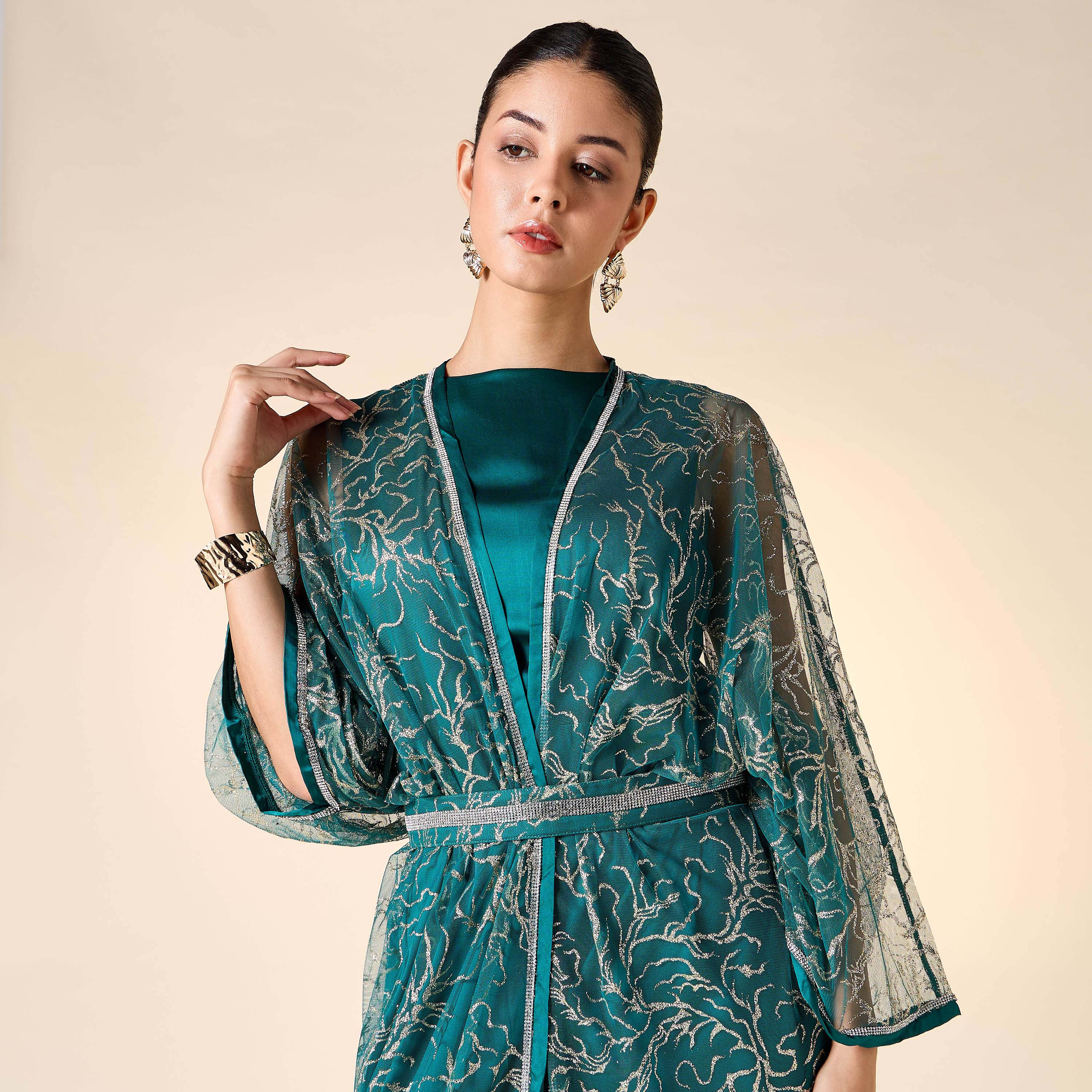 Golden Apple Solid Sleeveless Dress with Longline Shrug and Belt-women-clothing-dresses-image-4