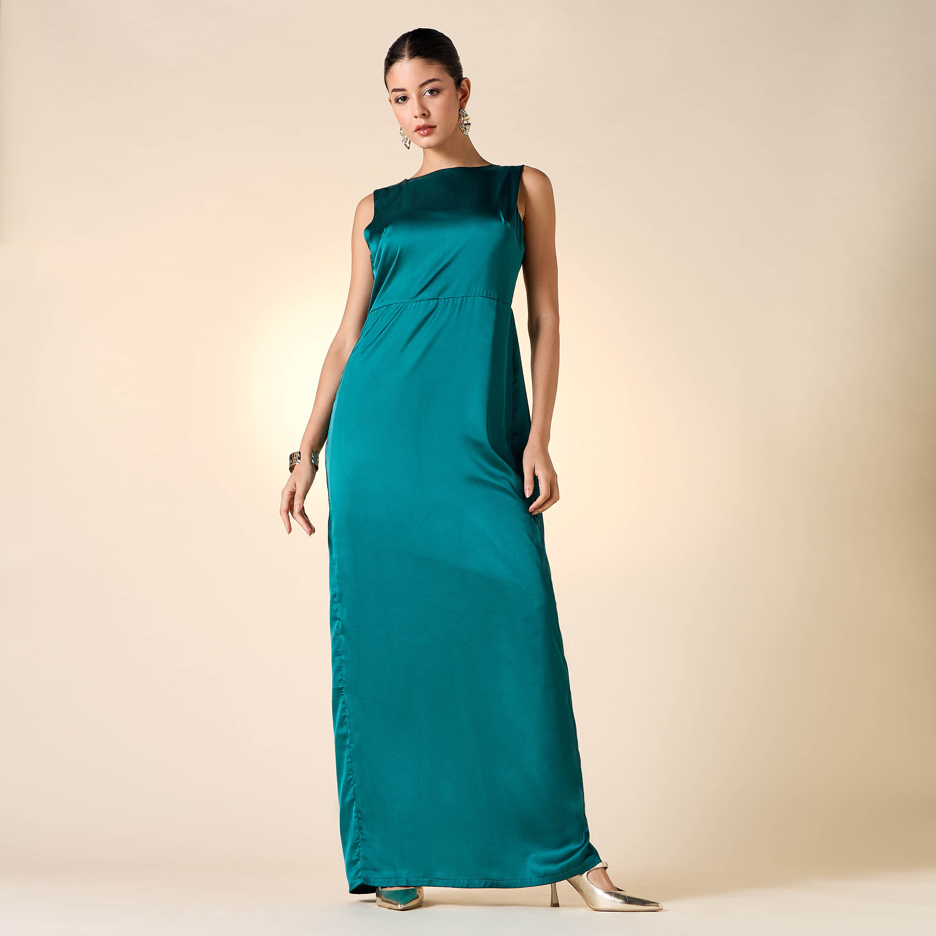 Golden Apple Solid Sleeveless Dress with Longline Shrug and Belt-women-clothing-dresses-image-5
