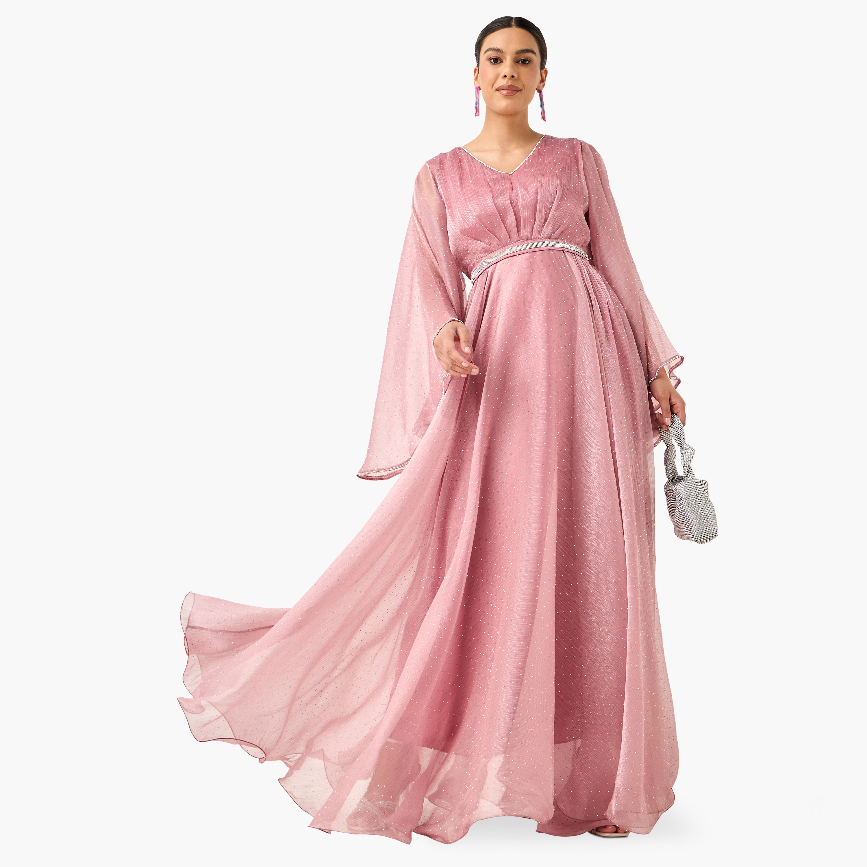 فستان ماكسي مزين بياقة V وأكمام طويلة واسعة من جولدن أبل-women-clothing-dresses-image-1