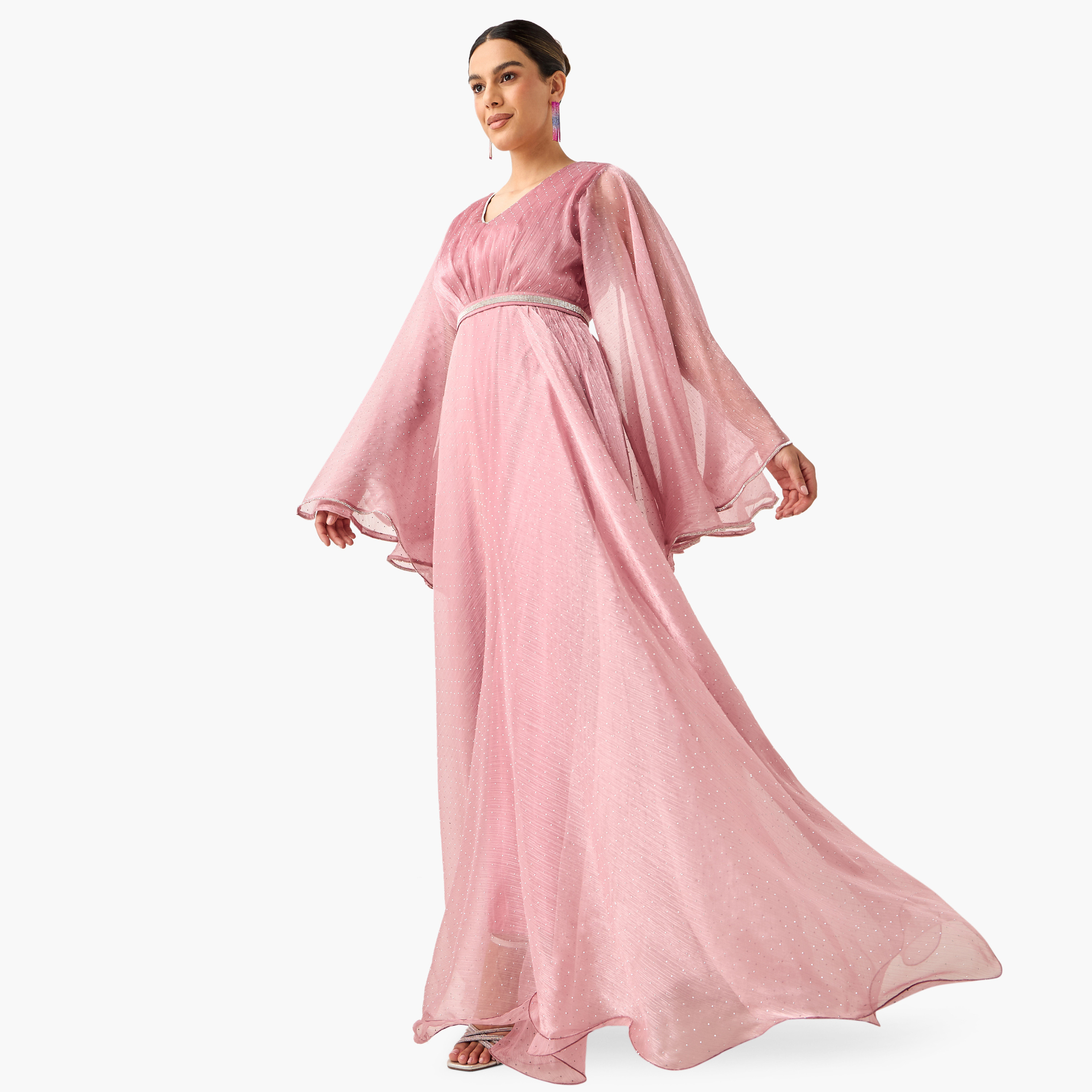 Golden Apple Embellished V-neck Maxi Dress with Long Flutter Sleeves-women-clothing-dresses-image-2