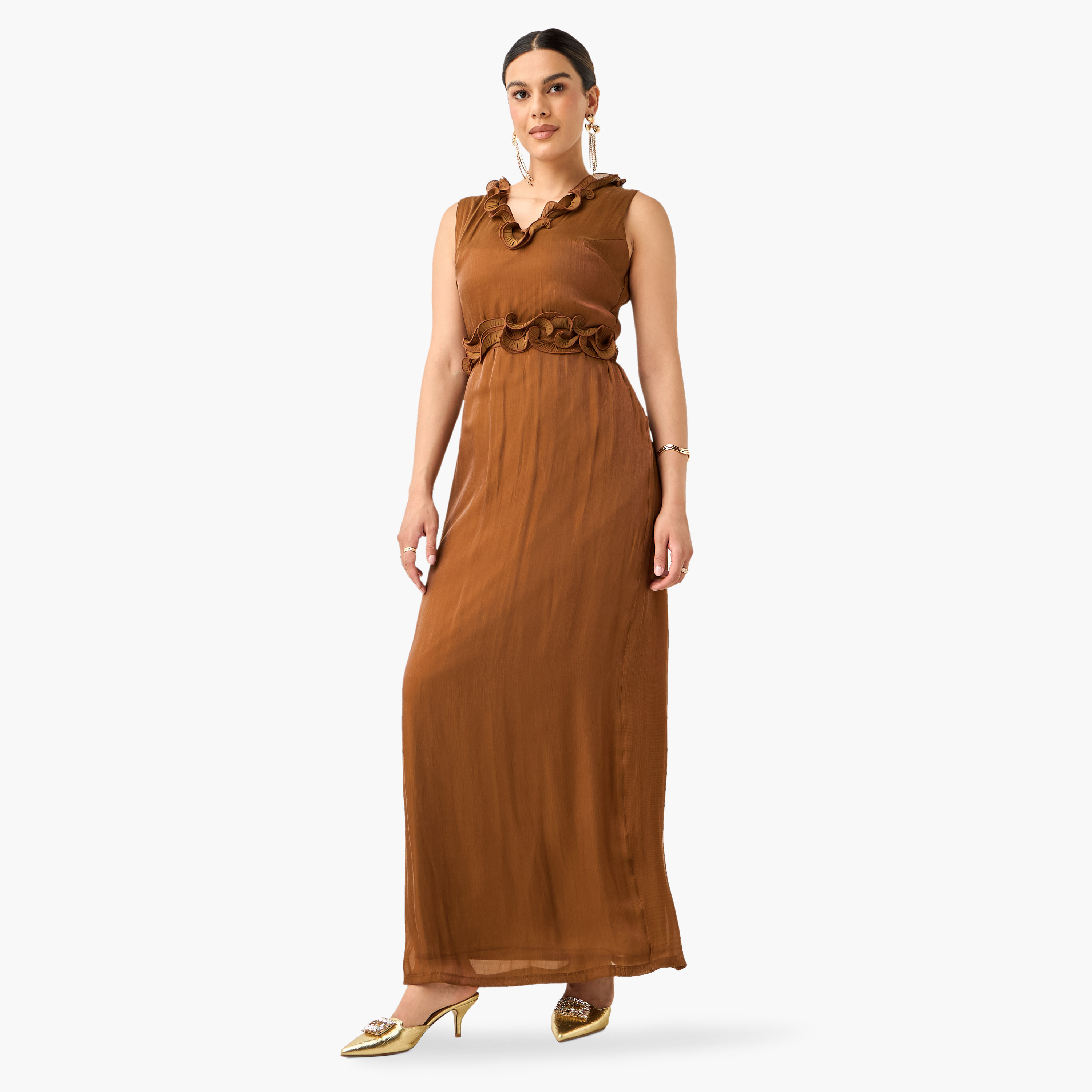 Golden Apple Ruffle Detail Sleeveless Dress and Open Front Shrug Set-women-clothing-dresses-image-2