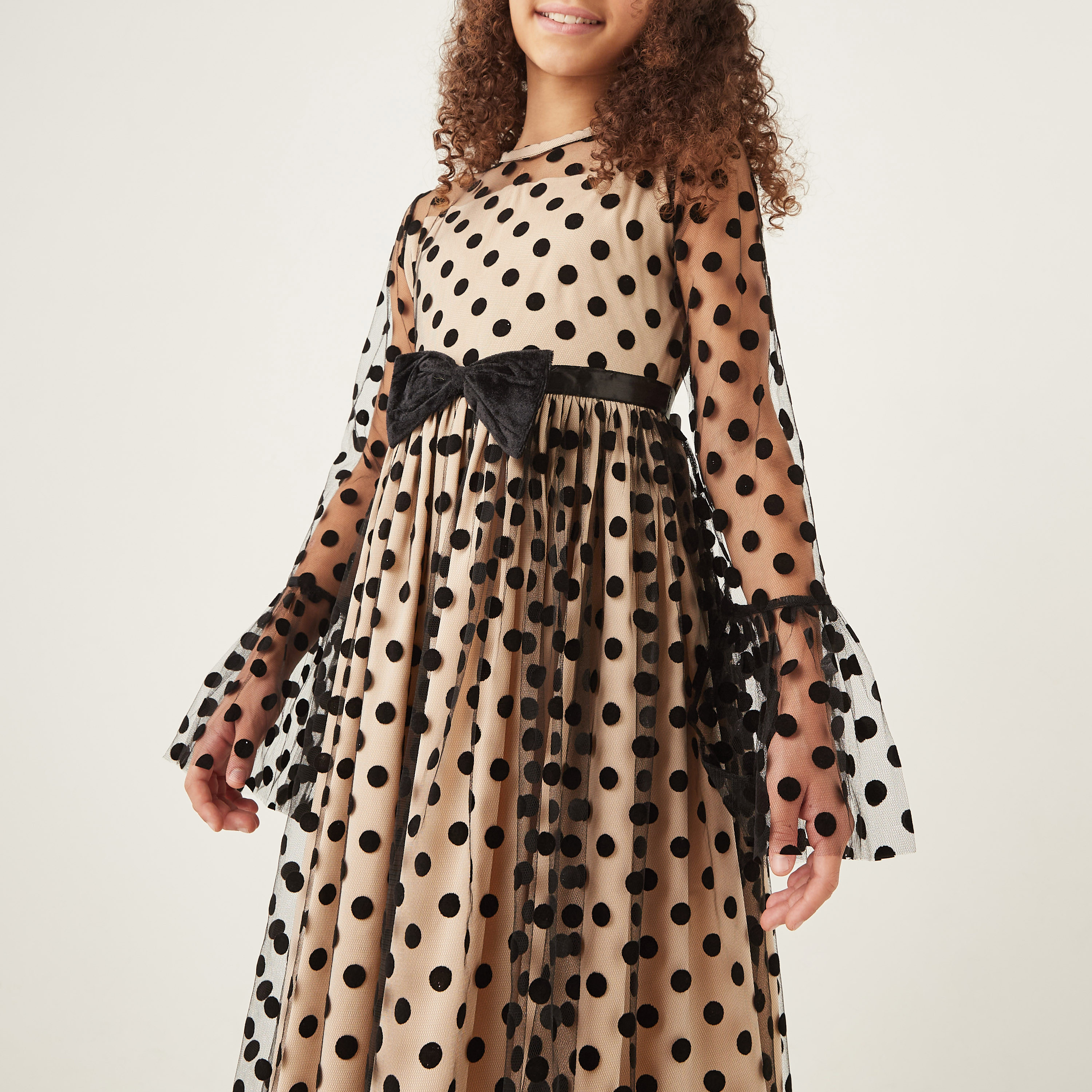 Little Golden Apple All-Over Polka Dot Detail Dress with Bell Sleeves-girls-clothing-dressesandjumpsuits-image-4