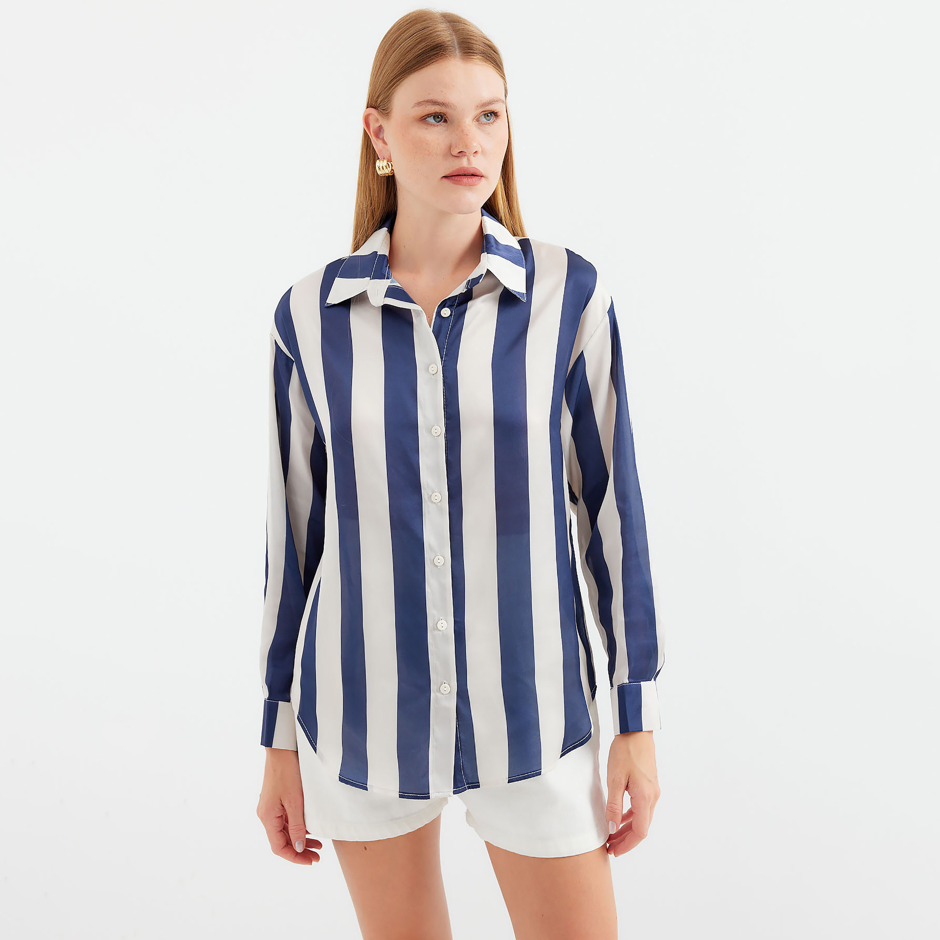 قميص نسائي قطني بياقة ومخطط باللون الأزرق من بيجدارت-women-clothing-shirtsandblouses-shirts-image-1