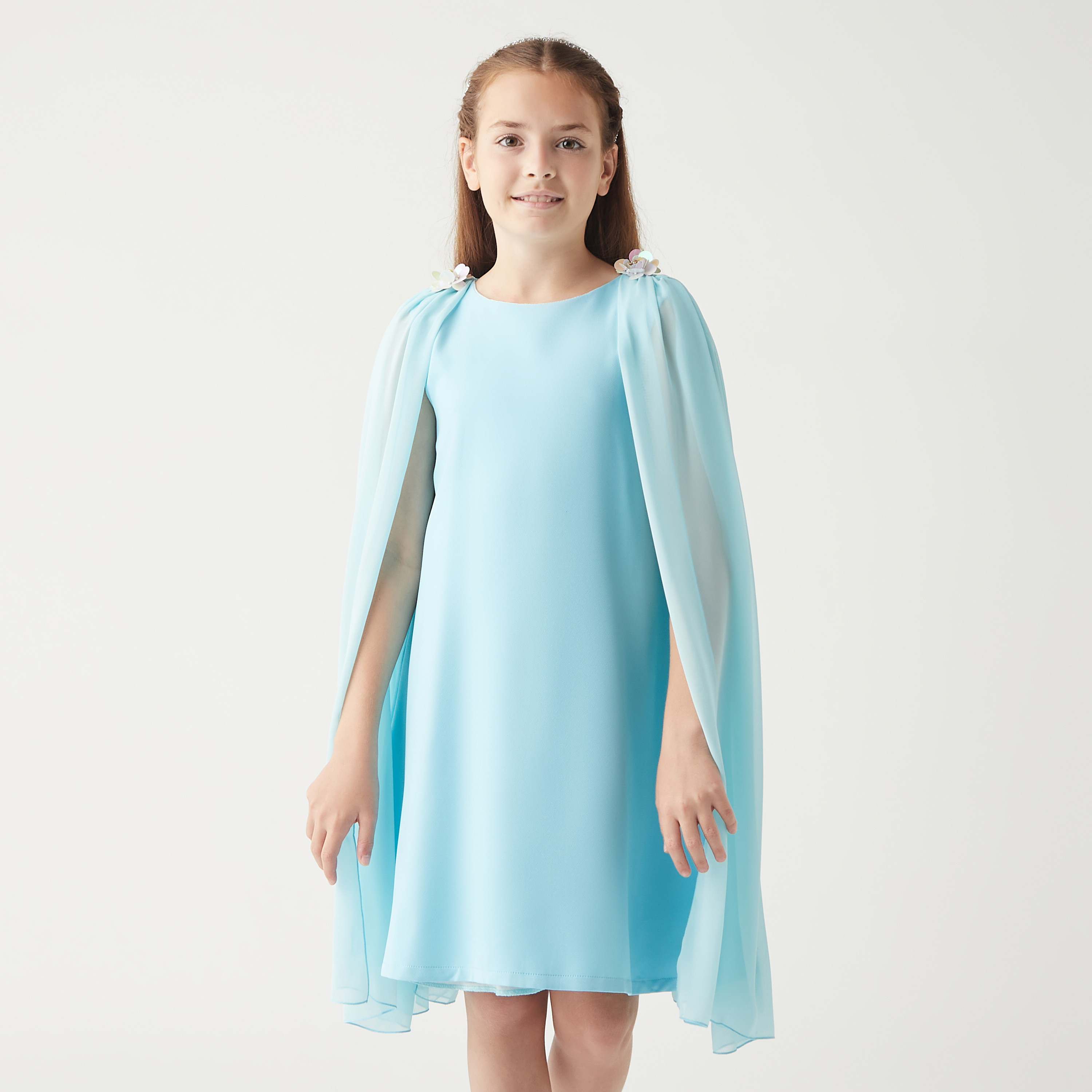 Little Golden Apple Solid Round Neck Dress with Cape Sleeves and Zip Closure-girls-clothing-dressesandjumpsuits-image-1