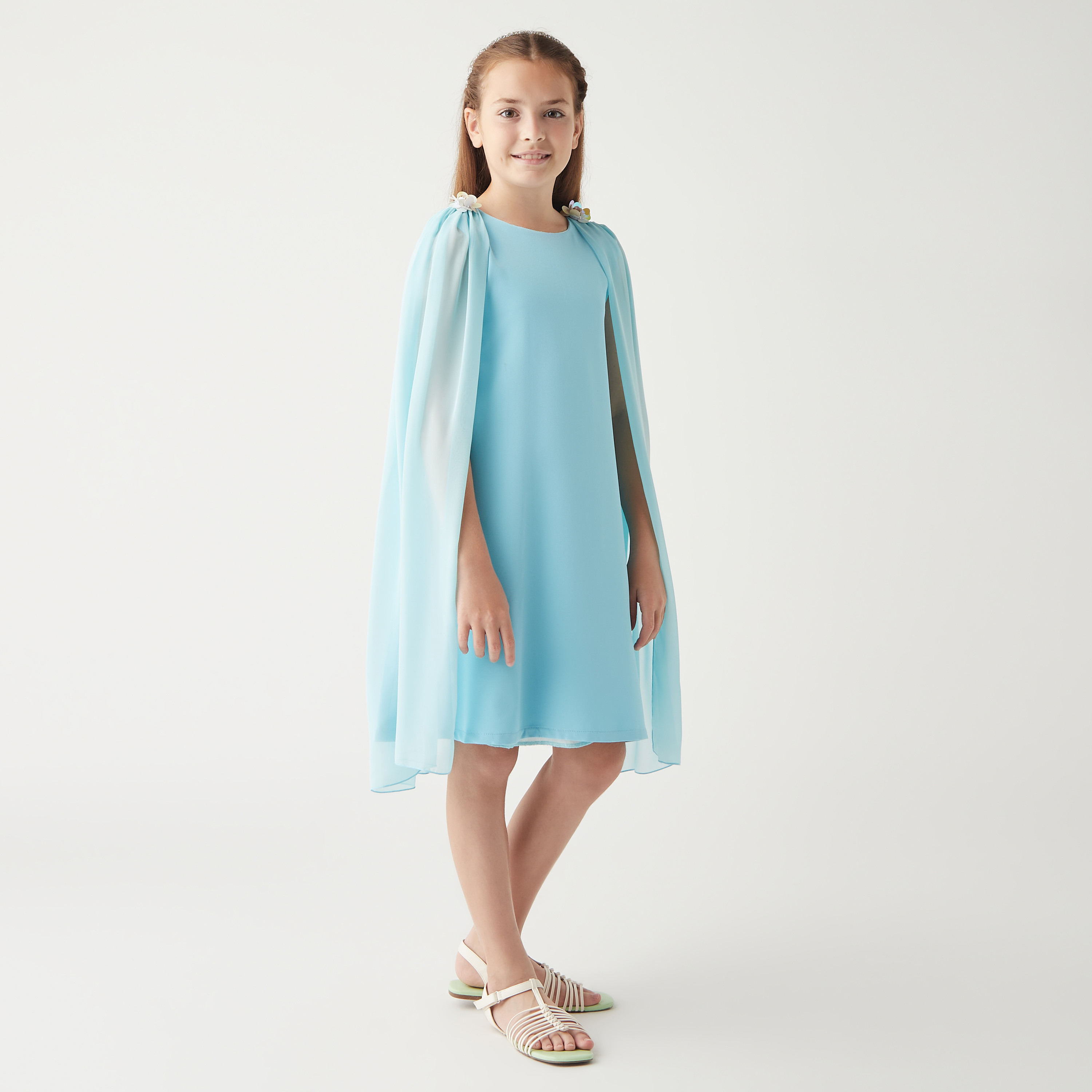 Little Golden Apple Solid Round Neck Dress with Cape Sleeves and Zip Closure-girls-clothing-dressesandjumpsuits-image-2