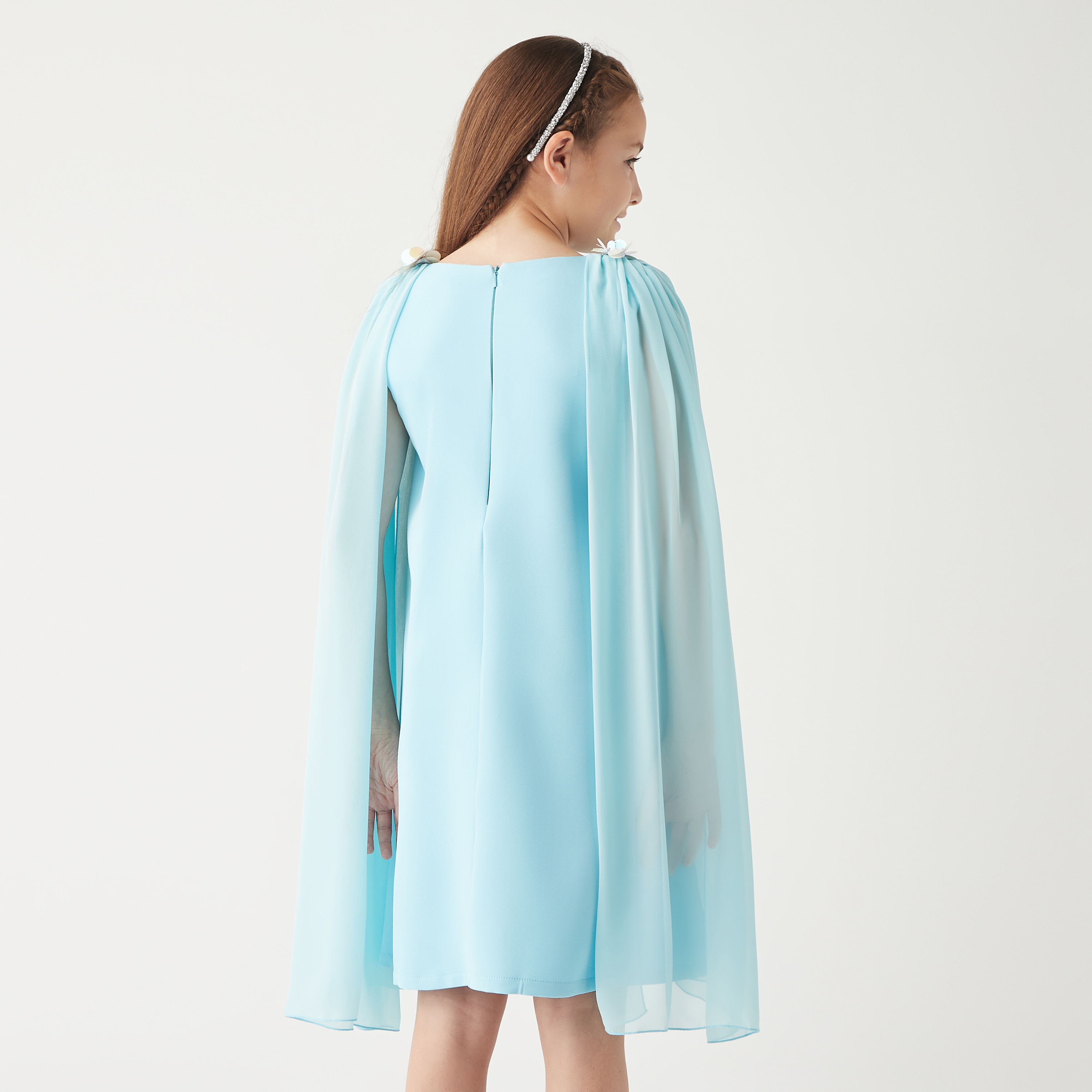 Little Golden Apple Solid Round Neck Dress with Cape Sleeves and Zip Closure-girls-clothing-dressesandjumpsuits-image-3