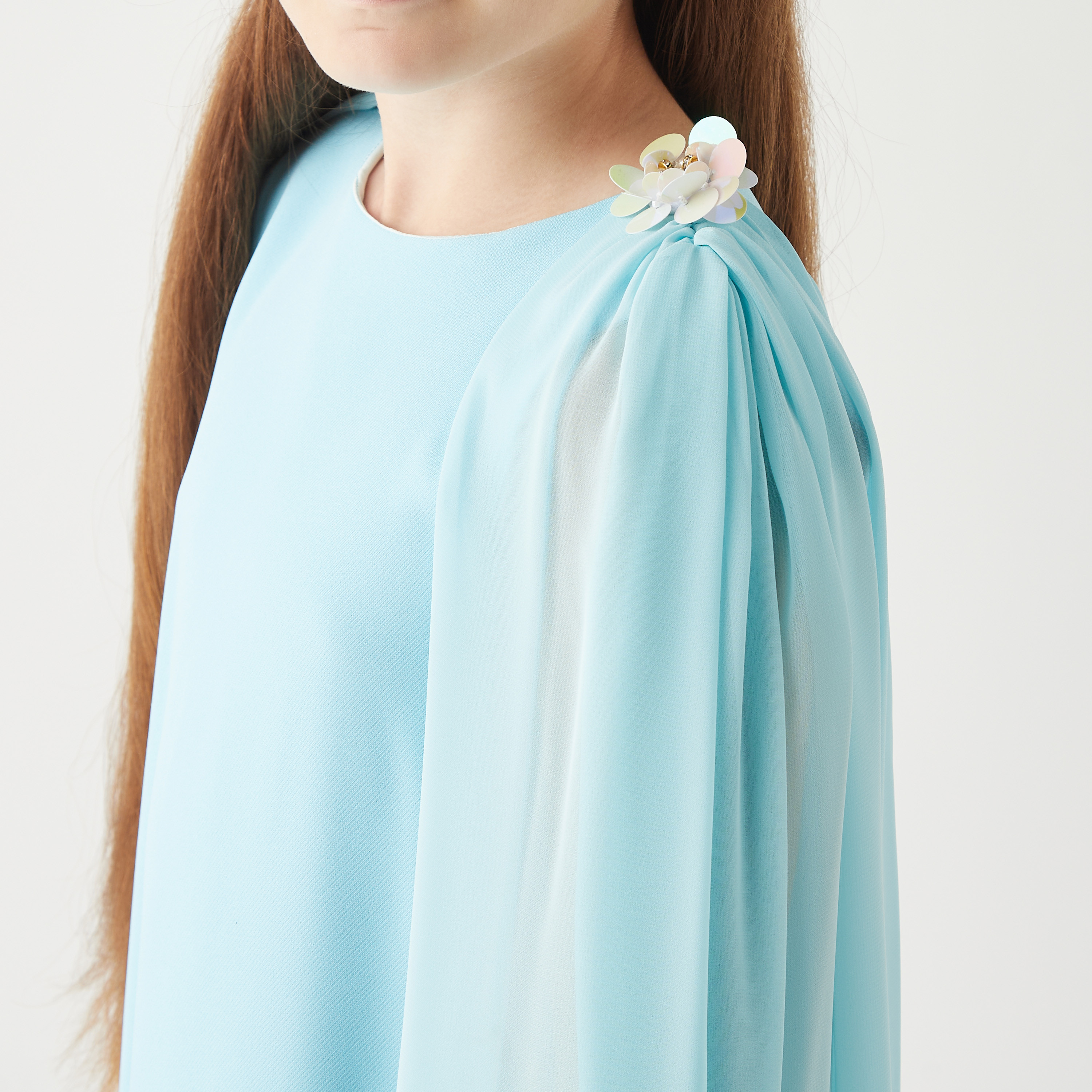 Little Golden Apple Solid Round Neck Dress with Cape Sleeves and Zip Closure-girls-clothing-dressesandjumpsuits-image-4