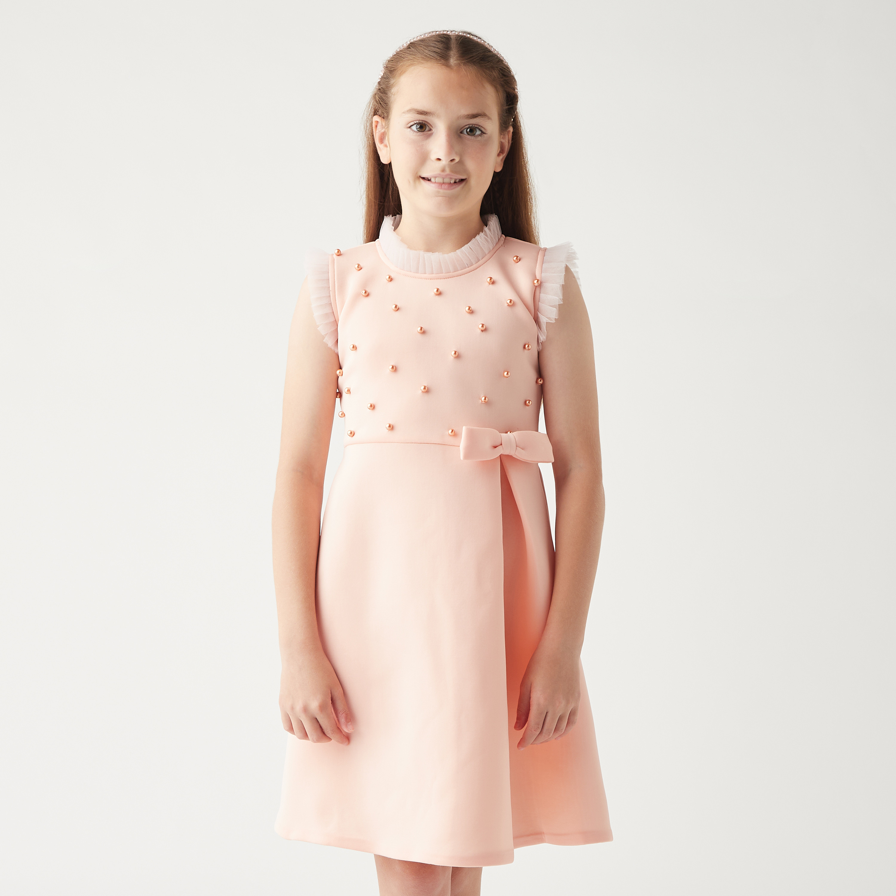 Little Golden Apple Embellished Sleeveless Dress with Tie-Up Belt-girls-clothing-dressesandjumpsuits-image-1