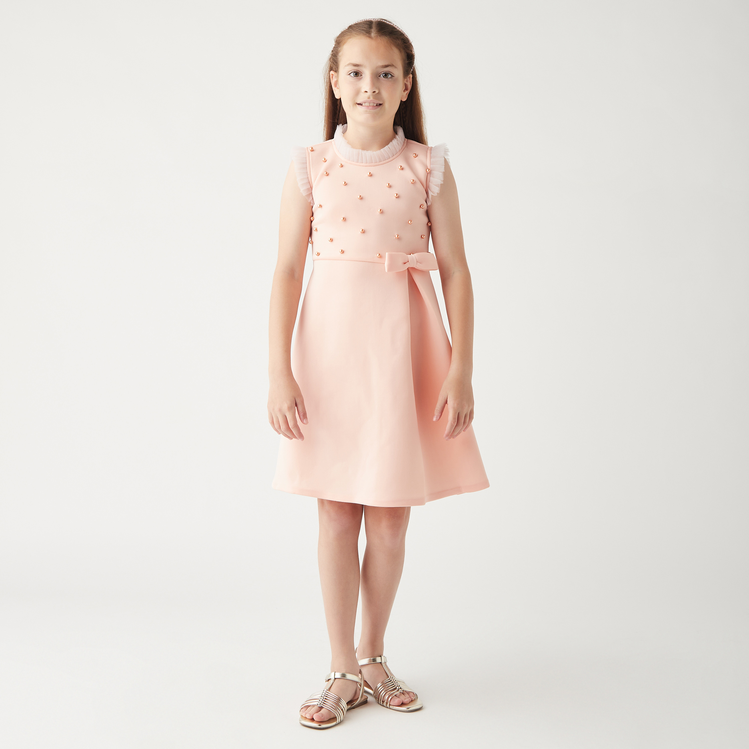 Little Golden Apple Embellished Sleeveless Dress with Tie-Up Belt-girls-clothing-dressesandjumpsuits-image-2