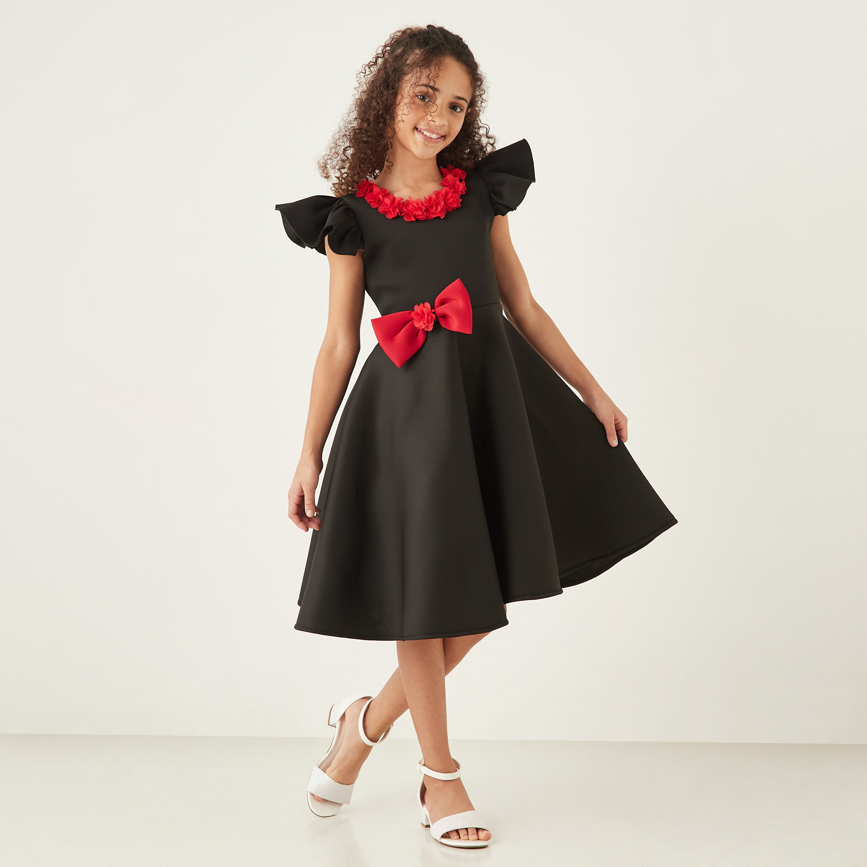 Little Golden Apple Bow Accent Dress with Ruffles and Tie-Up Belt-girls-clothing-dressesandjumpsuits-image-2
